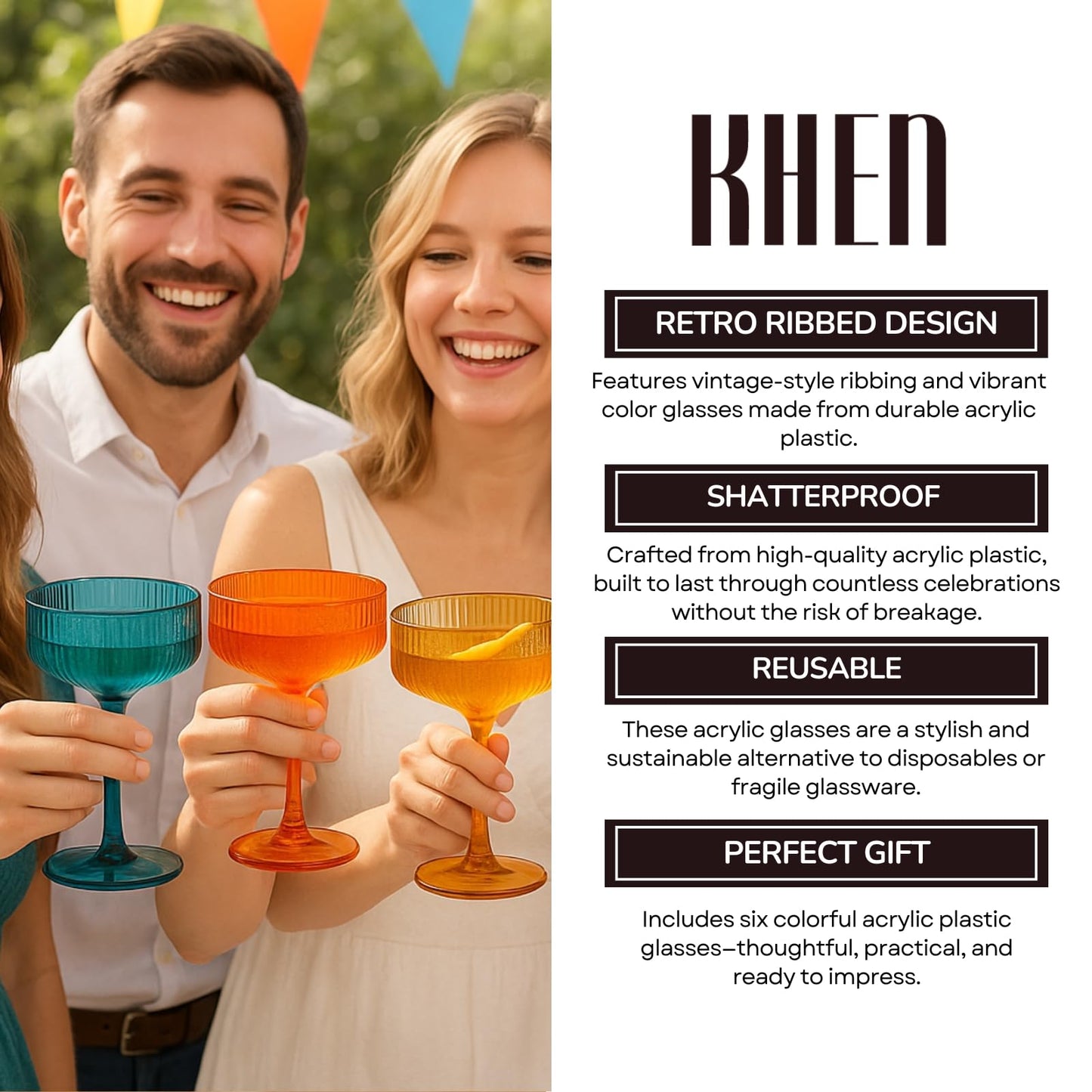 Khen Pink Peach Acrylic Ribbed Coupe Martini Champagne Cocktail Glasses, Set of 4, 8 oz Shatterproof Ripple Stemware European Style Reusable Drinkware Goblets, Indoor Outdoor Parties Weddings Bar Gift BST220