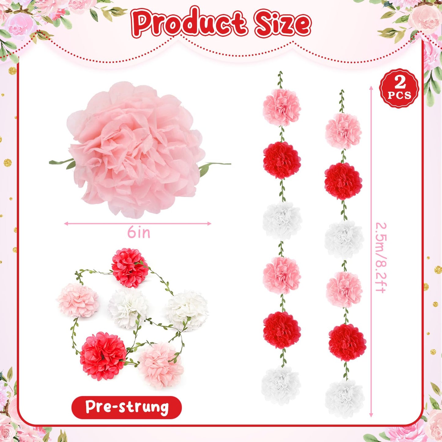 kreat4joy 4pack Pink Purple Tissue Paper Pom Poms Flowers Garland Leaf Ribbon 98.42inches Pre-Strung Reusable Ceiling for Birthday Baby Shower Wedding Bridal Shower Home Event Wall Party Decoration BST220
