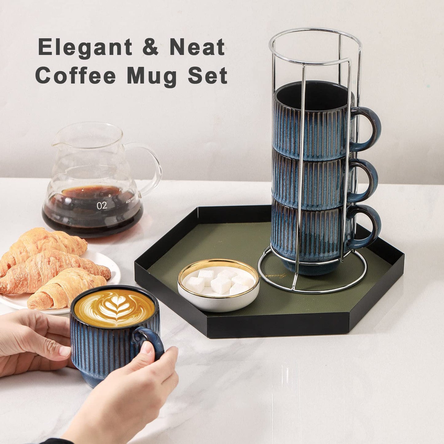 HASENSE 15 oz Ribbed Stackable Coffee Mug Set of 4, Porcelain Latte Cups with Metal Rack, Dishwasher & Microwave Safe, Cappuccino Tea Hot Cocoa, White BST220