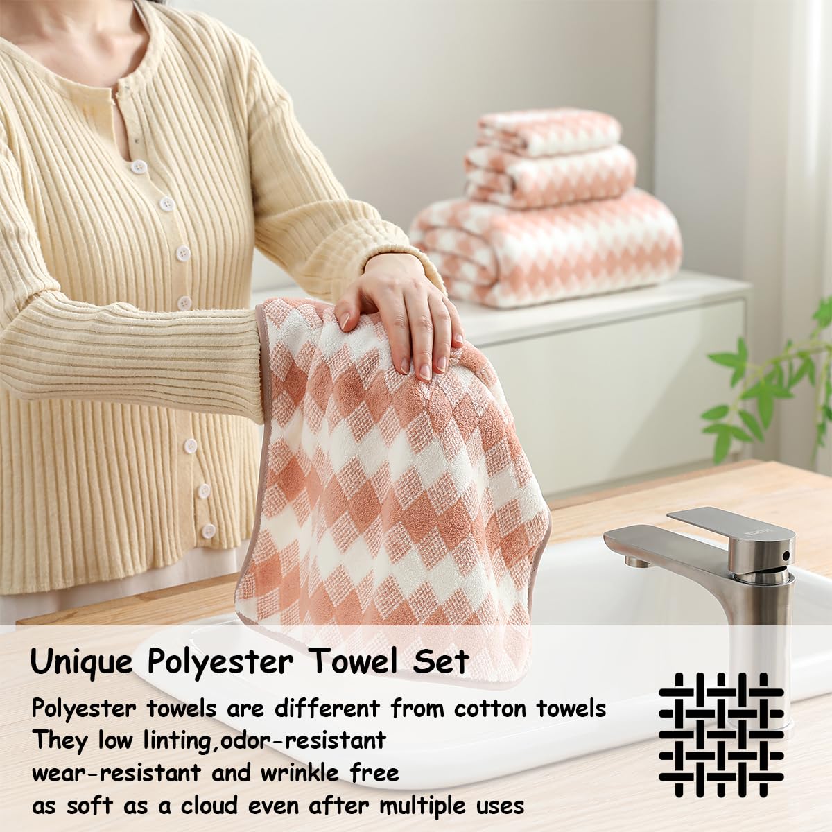 12 Pcs Light Gray Diamond Towel Set-4 Bath Towels,4 Hand Towels,4 Washcloths Soft Polyester Towels with Loop Absorbent Shower Towel Quick Dry Beach Chair Towel Family Towels for Bathroom Spa Gym Pool BST220