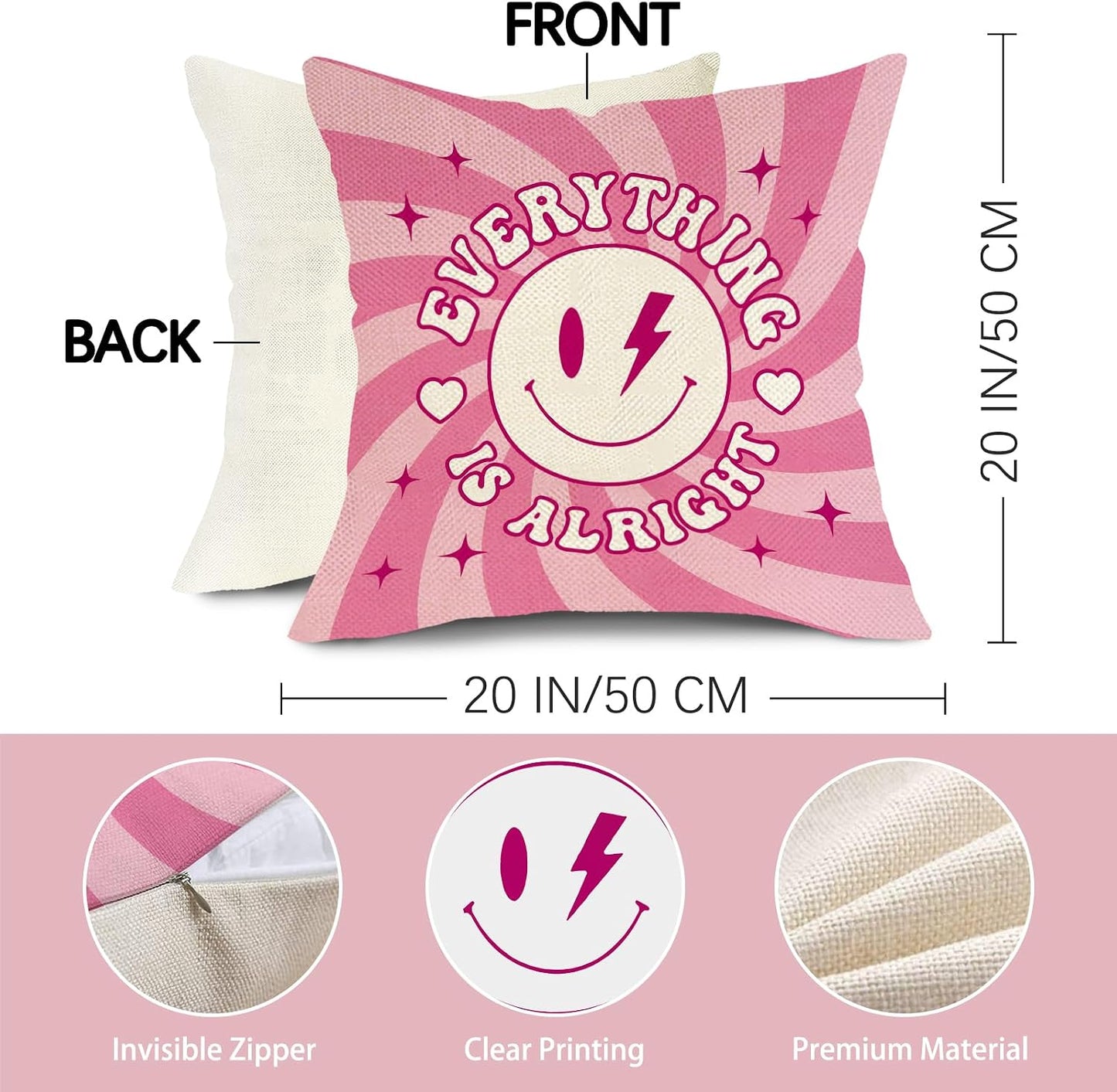 Groovy Smiling Face Inspirational Decorative Throw Pillow Covers | 20 x 20 Set of 4, Pink Hippie Smile Flower Porch Outdoor Home Decor, Motivational Quote Everything is Alright Couch Cushion BST202