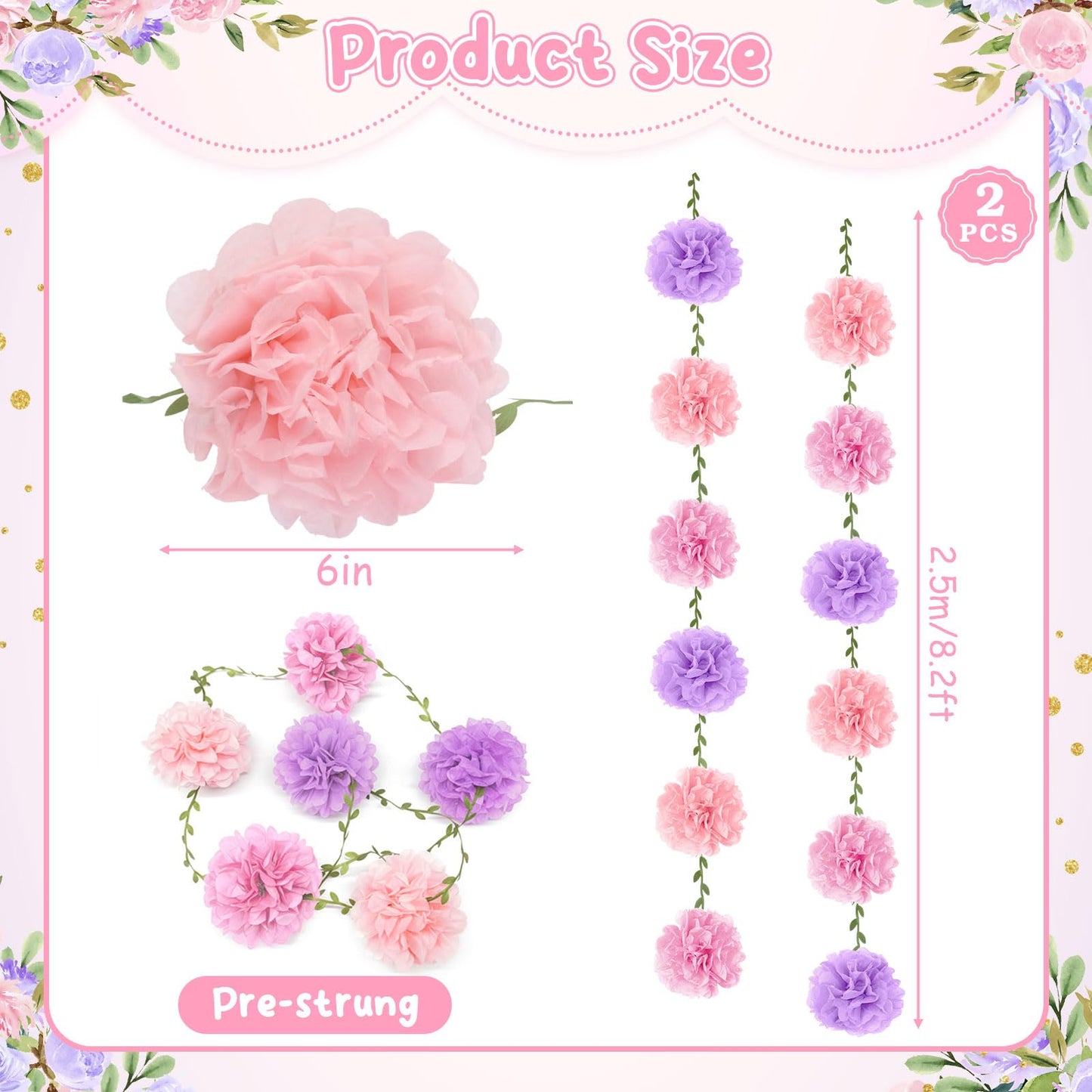 kreat4joy 4pack Pink Purple Tissue Paper Pom Poms Flowers Garland Leaf Ribbon 98.42inches Pre-Strung Reusable Ceiling for Birthday Baby Shower Wedding Bridal Shower Home Event Wall Party Decoration BST220