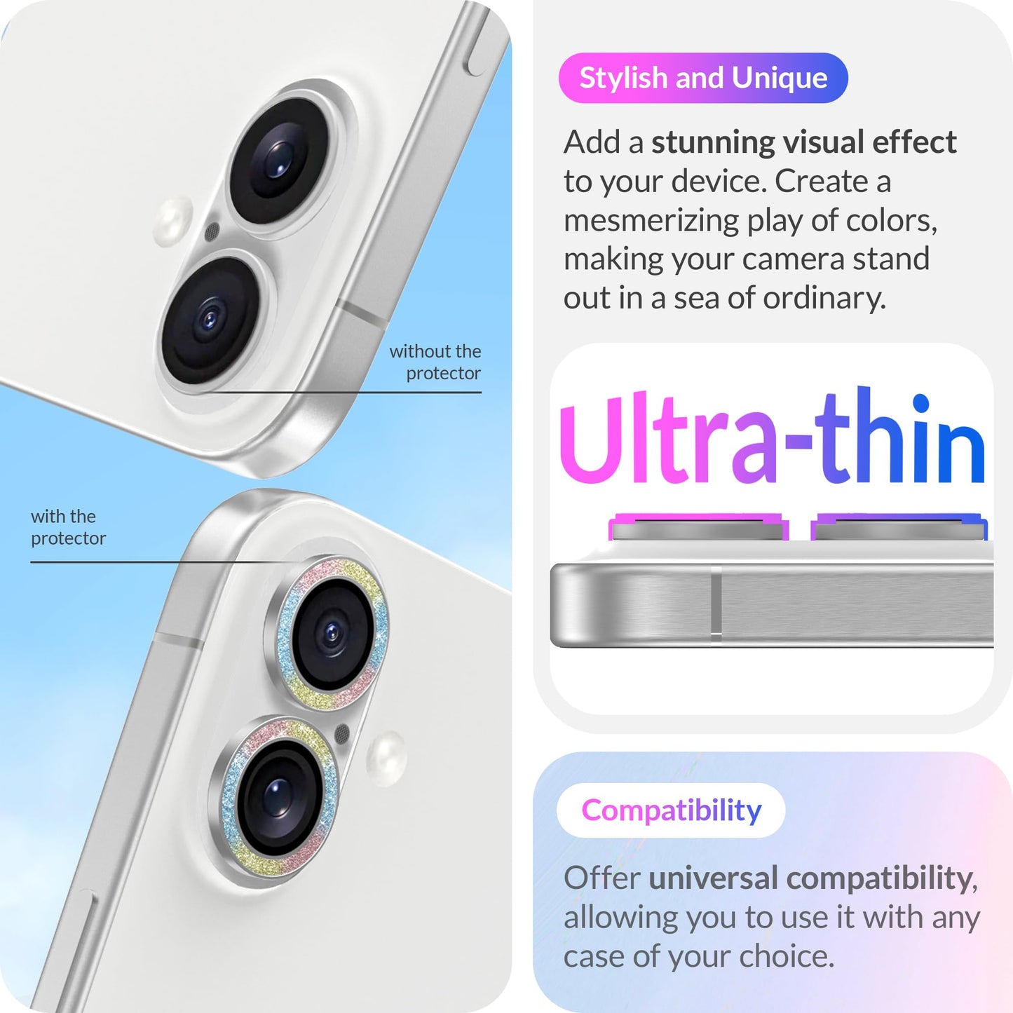 LONLI - for iPhone 16 Pro | 16 Pro Max - Triple Individual Camera Lens Protector - Rainbow Holographic Glitter WN420