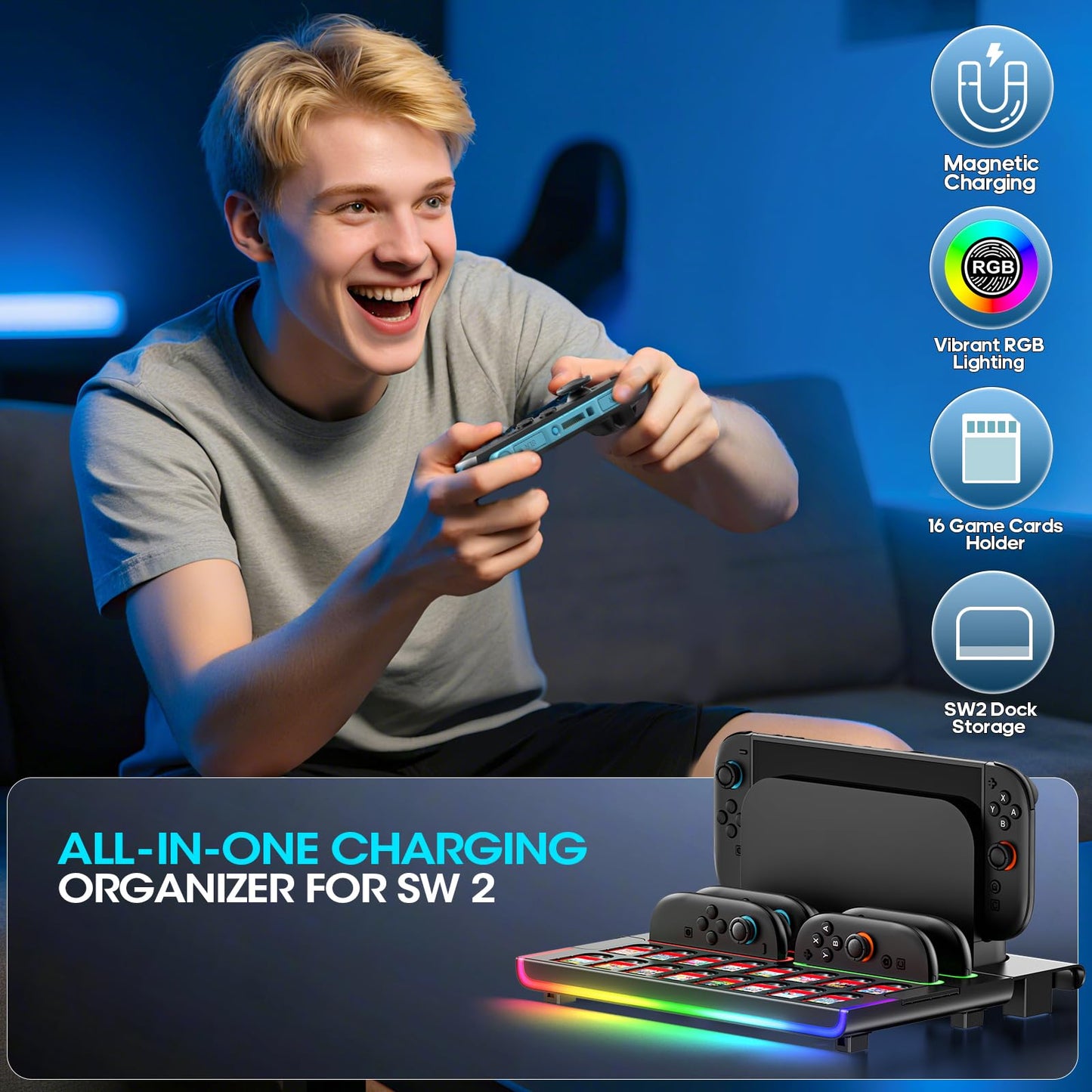 Switch 2 Dock Organizer Station with Joycon2 Charger, 4 Charging Dock for Switch2 Joycons, Storage for 16 Switch2 Games & 16 Game Cases, Pro Controllers & Switch 2 Console Dock Organizer Accessories WN420