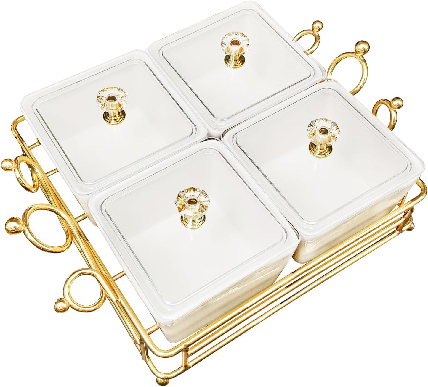 YA JU Ceramic Bowls and with Lid Gold Basket Trays, 4 Removable Small Bowls Condiment Trays Nut Serving Set for Snacks, Fruits, Candy and Condiments - Great for Parties, Holiday Gifts,White BST202