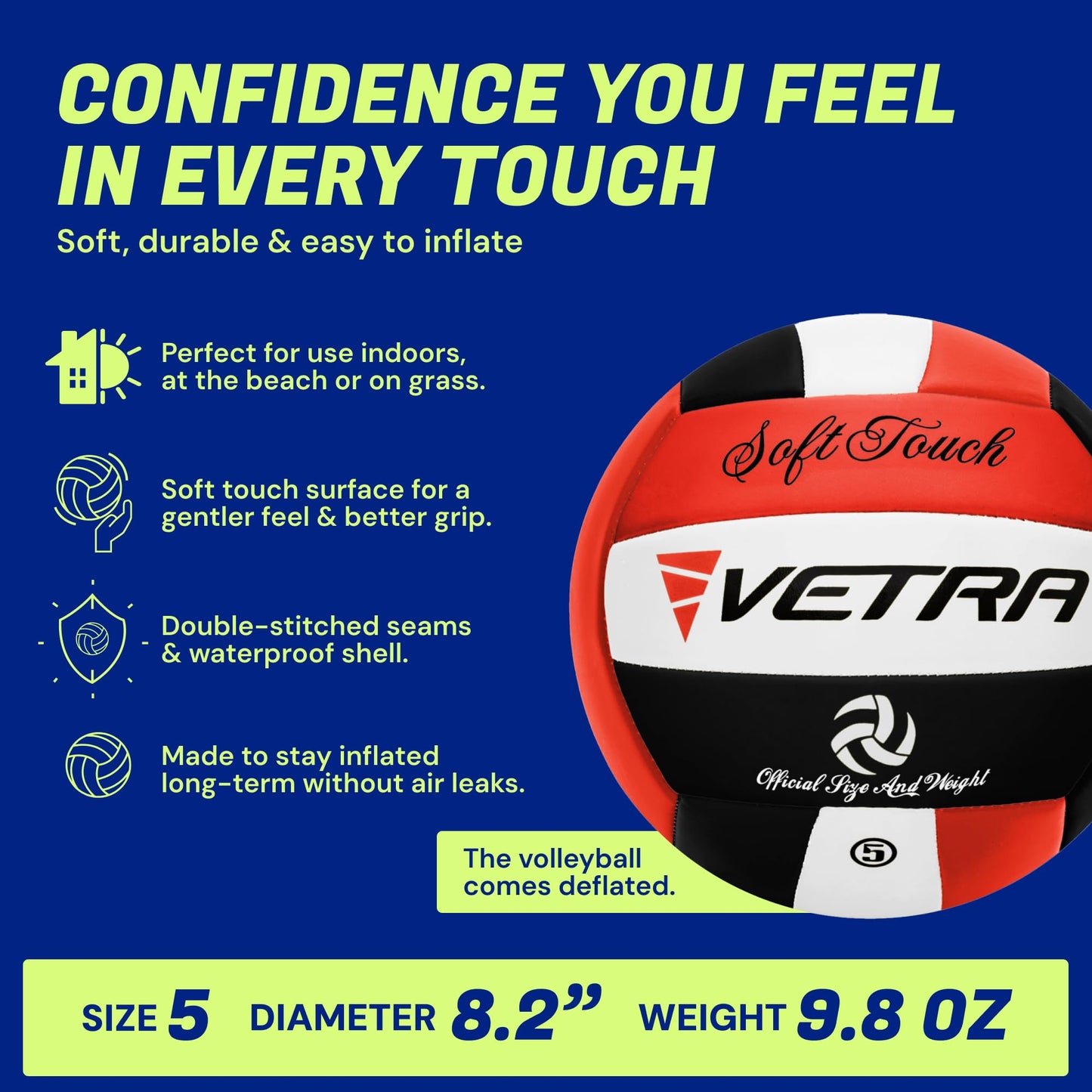 VETRA Premium, Soft Touch Volleyball, Official Size 5, Super Soft Volleyball Training Equipment for Professional & Recreational Use Practice, Sports & Outdoor, Women & Men WN420