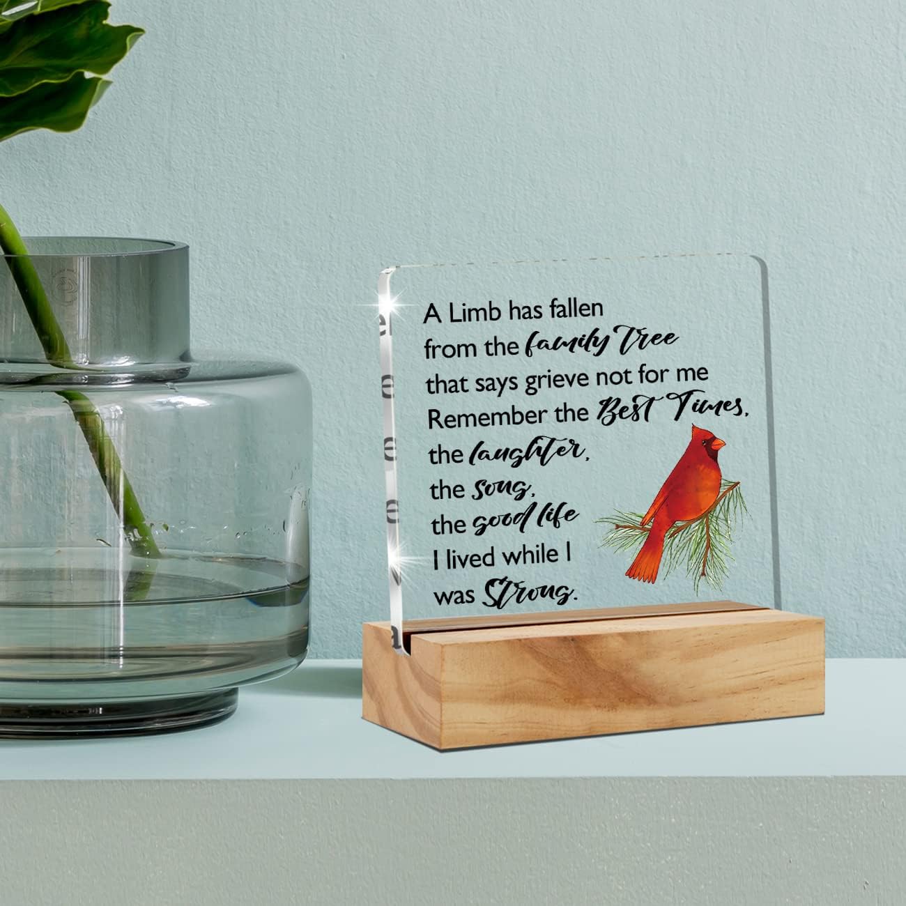 Acrylic Sympathy Gift for Loss of Loved One Desk Decor Red Cardinal Memorial Bereavement Gifts Decorative Clear Acrylic Desk Plaque Sign with Wood Stand for Home Office WN420