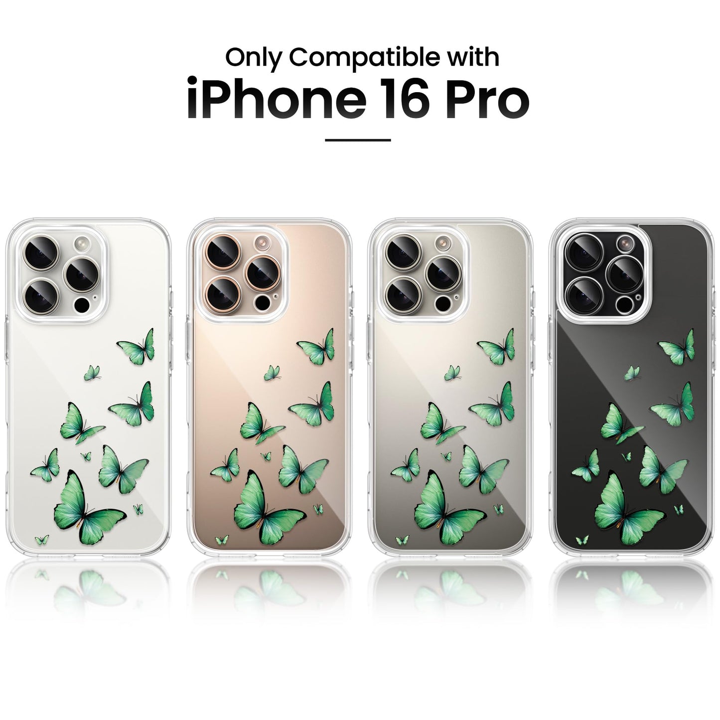 Cute Girly Crystal Clear Case Compatible with iPhone 16 Pro, Camera Control & Shockproof Protection Floral Case for Women, Blue Butterflies WN420
