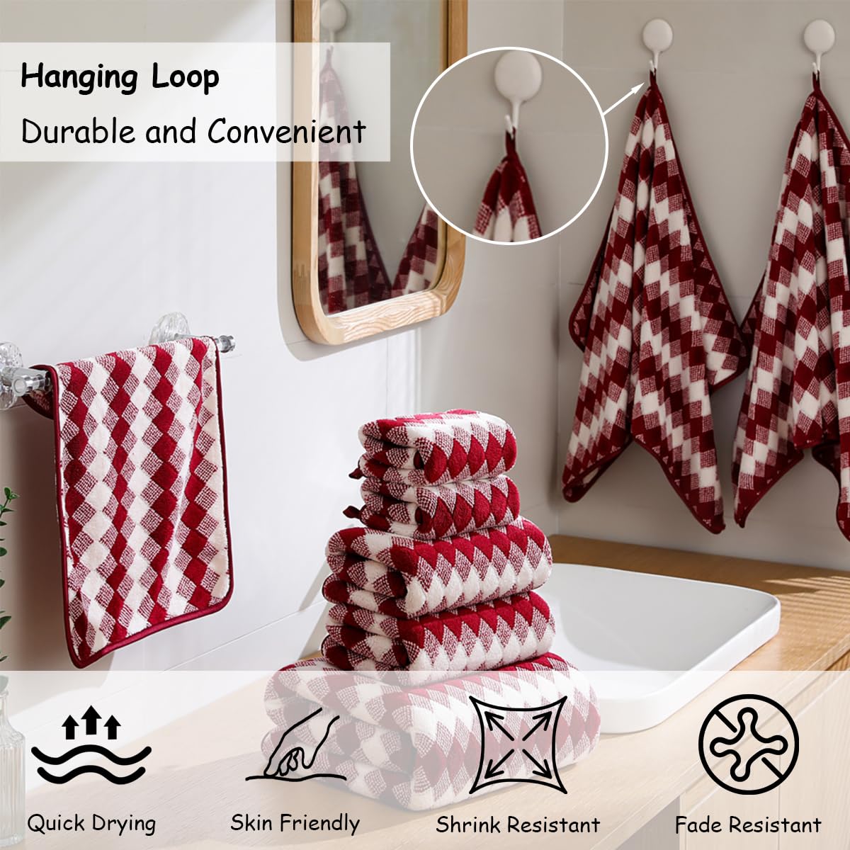 12 Pcs Light Gray Diamond Towel Set-4 Bath Towels,4 Hand Towels,4 Washcloths Soft Polyester Towels with Loop Absorbent Shower Towel Quick Dry Beach Chair Towel Family Towels for Bathroom Spa Gym Pool BST220