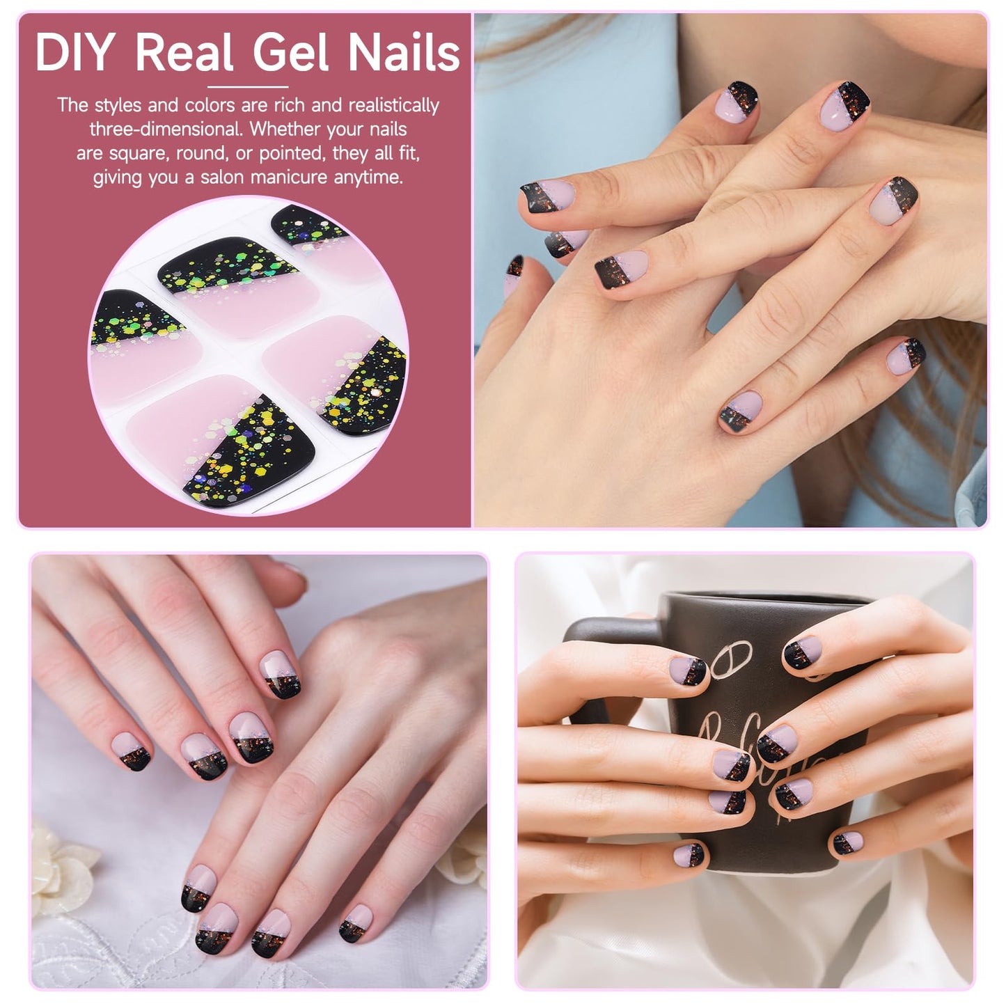 Semi Cured Gel Nail Strips, 56Pcs Nail Art Stickers/Wraps, Long Lasting UV Nail Polish Strips for Adults (Silver Rhinestones+French Tip Glitter) BST220