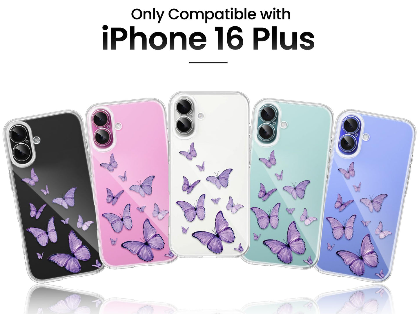 Cute Girly Crystal Clear Case Compatible with iPhone 16 Pro, Camera Control & Shockproof Protection Floral Case for Women, Blue Butterflies WN420