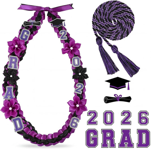 Thiccywoov Graduation Ribbon Lei Class of 2026 Grad Lei Kit Graduation Double Braided Necklace with Honor Cord for Graduate Women Men High School College Grad Party Supplies(Purple, Black) BST326H
