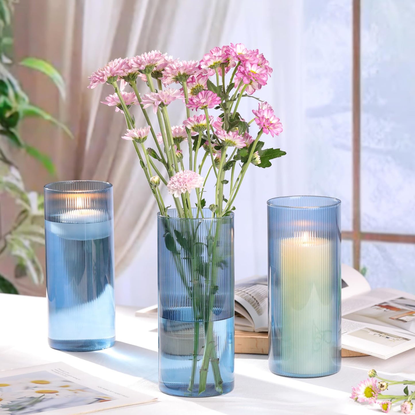 Glass Ribbed Cylinder Vases, 8 Inch Tall, Clear, Pack of 3 | Flower Vases in Bulk, Hurricane Floating Candle Vases, For Party Home Decor BST326H