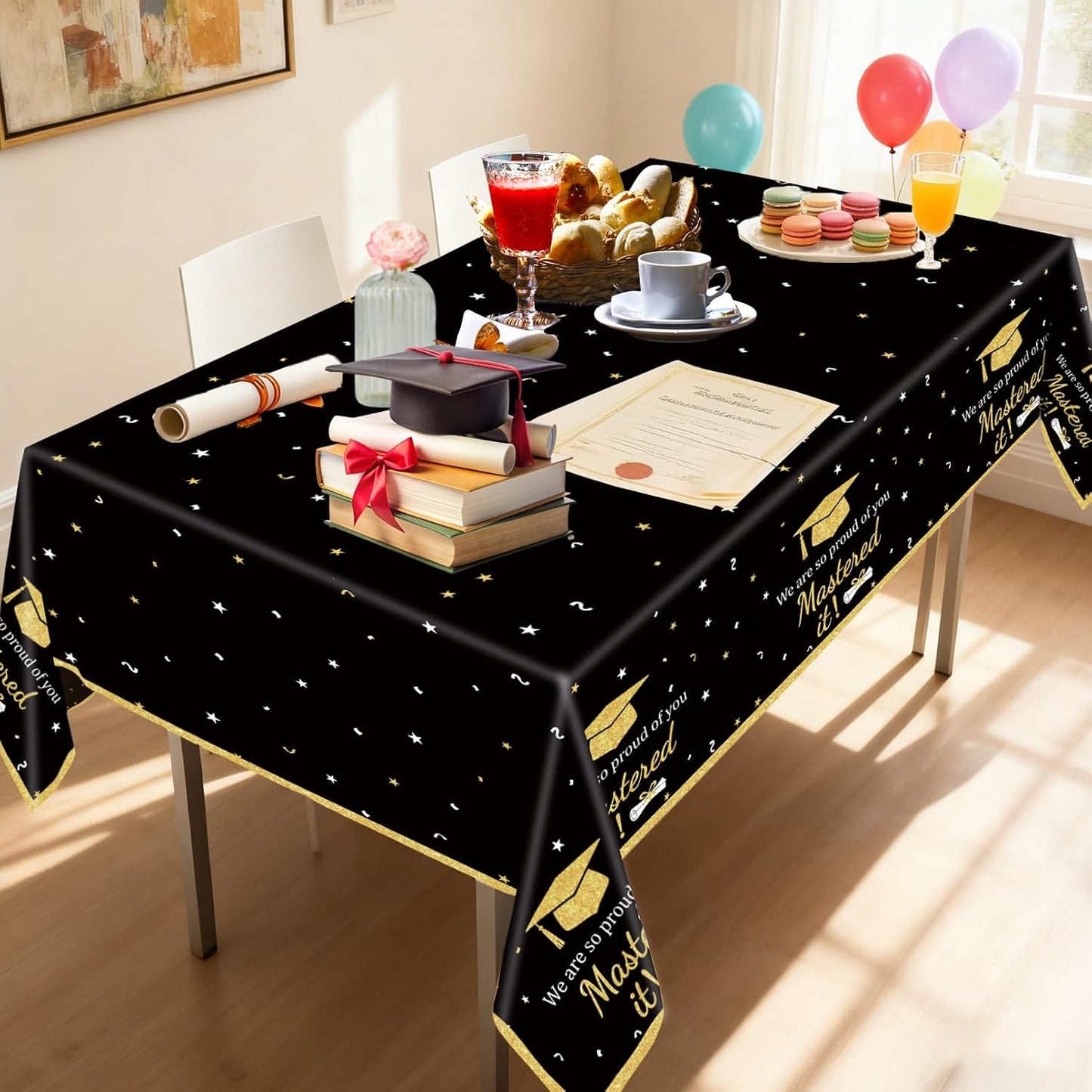 3PCS Mastered It Graduation Tablecloth Black Gold Congrats Grad Table Cover Plastic Master's Graduation Party Supplies for Class of 2026 Master College Disposable Decorations WN420