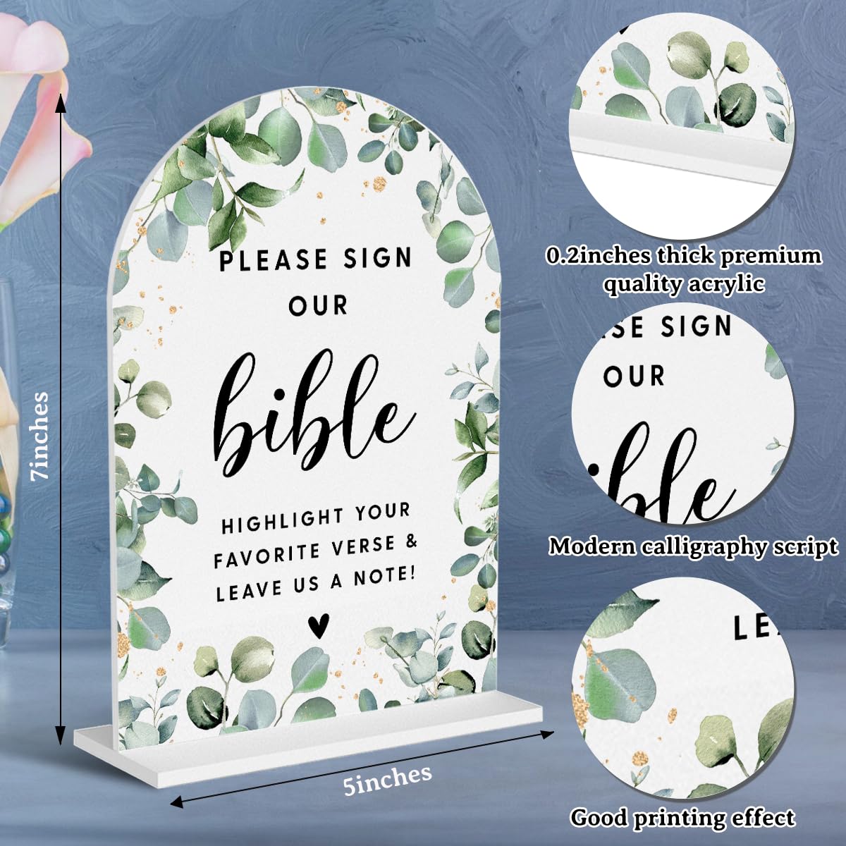 Acrylic Wedding Signs, Bubble Send Off Signs for Marriage Reception, Bridal Shower Decorations, Modern Arched Round Top Acrylic Table Top Sign with Holder for Wedding Party (White Eucalyptus Leaves) BST326L