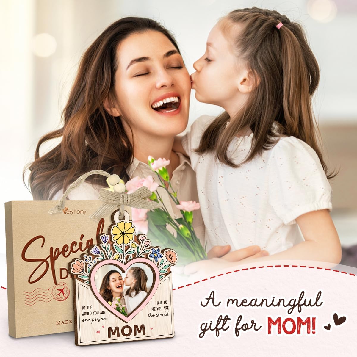 Mom Picture Frame Gifts from Daughter Son – Wooden Photo Frame Ornament with Sentimental Card, Car Photo Holder Decoration – Mother’s Day & Birthday Gifts for Mom, Bonus Step Mama WN420