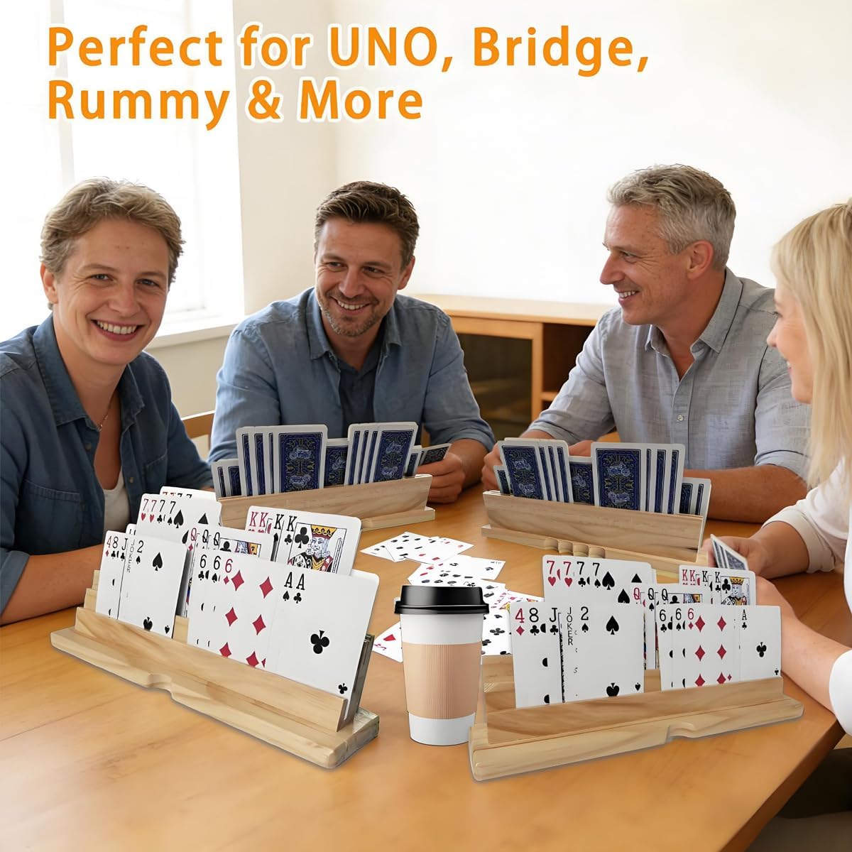 2PCS Card Holder Playing Cards 4-Slot Wooden Card Holder Playing Cards with Storage Bag Wooden Card Holders for Playing Card for Canasta and Bridge, Hands-Free Playing Card Holders for Adults, Kids, Seniors BST202