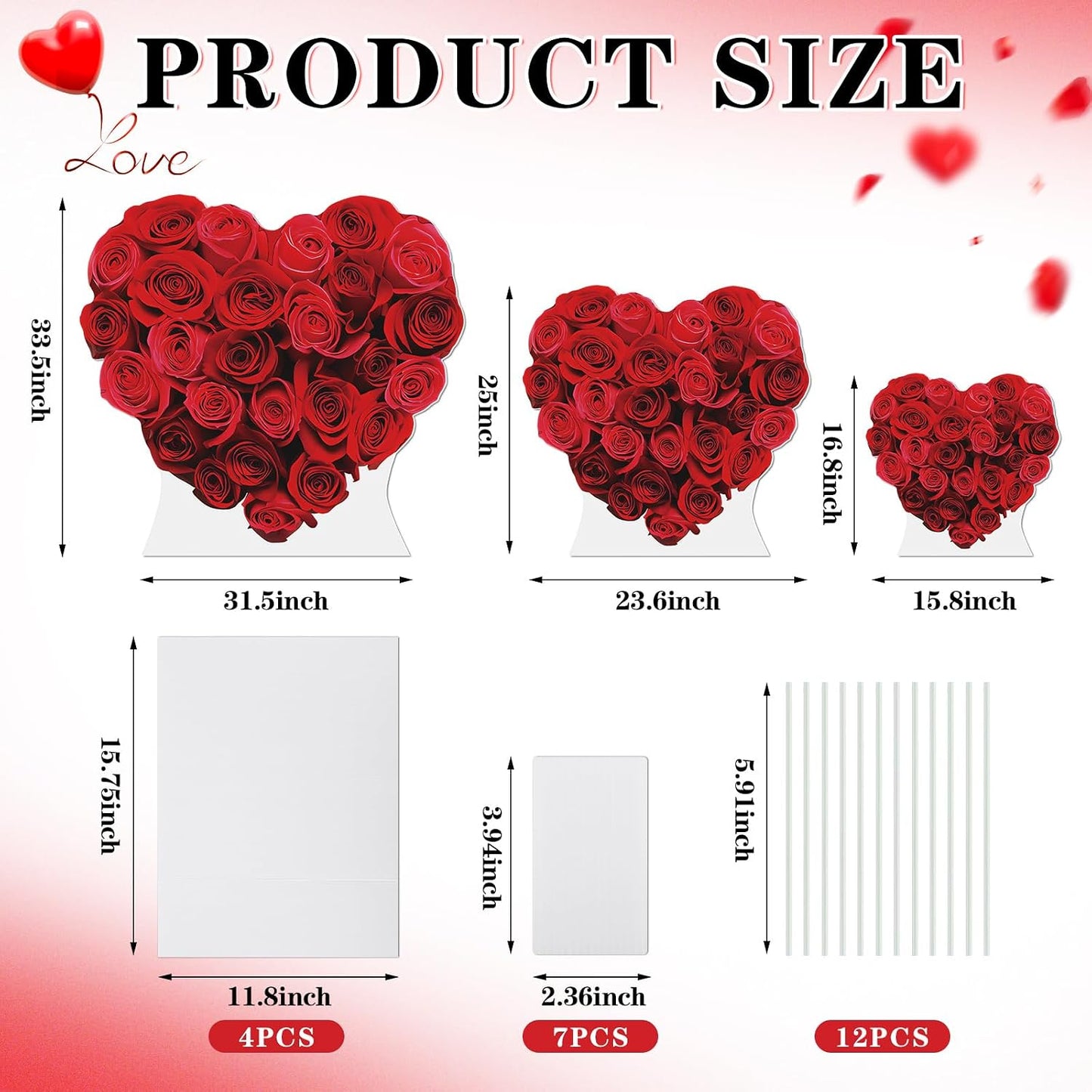 Colarr 3 Pcs Valentine's Day Red Heart Cardboard Cutout Stand Ups Set of 3 Sizes (17'' 25'' 33'') Valentines Party Roses Decoration Backdrop Photo Prop for Anniversary Wedding Engagement BST326L