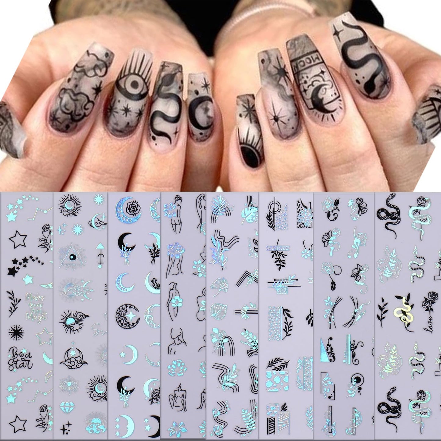 Liquid Butterfly Nail Art Sticker Decals Black Gold Black Silver Butterfly Moon Design Nail Decals 3D Self-Adhesive Nail Art Supplies Heart Nail Art Sticker Decoration for Women Manicure Supplies BST326L