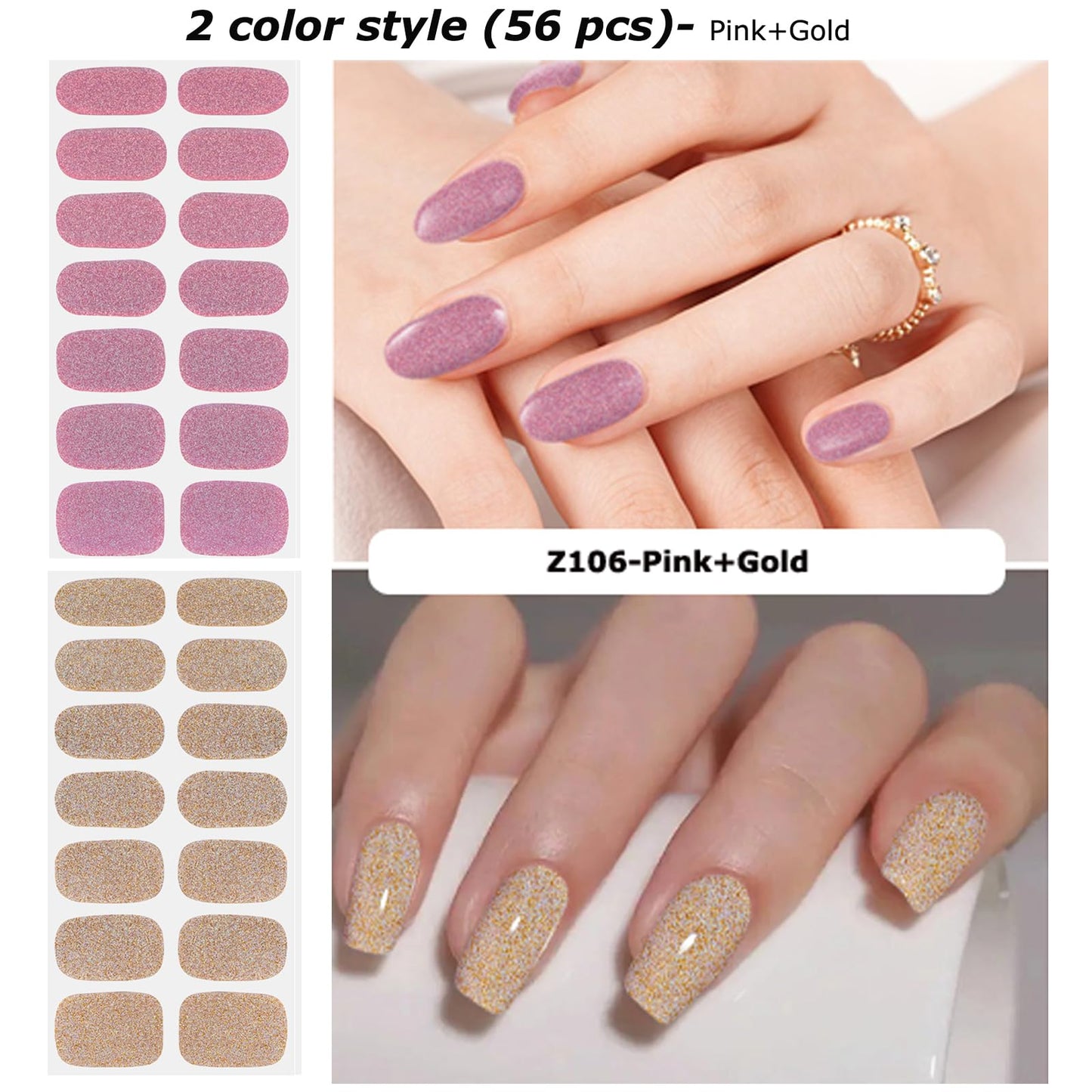 Semi Cured Gel Nail Strips, 56Pcs Nail Art Stickers/Wraps, Long Lasting UV Nail Polish Strips for Adults (Silver Rhinestones+French Tip Glitter) BST220