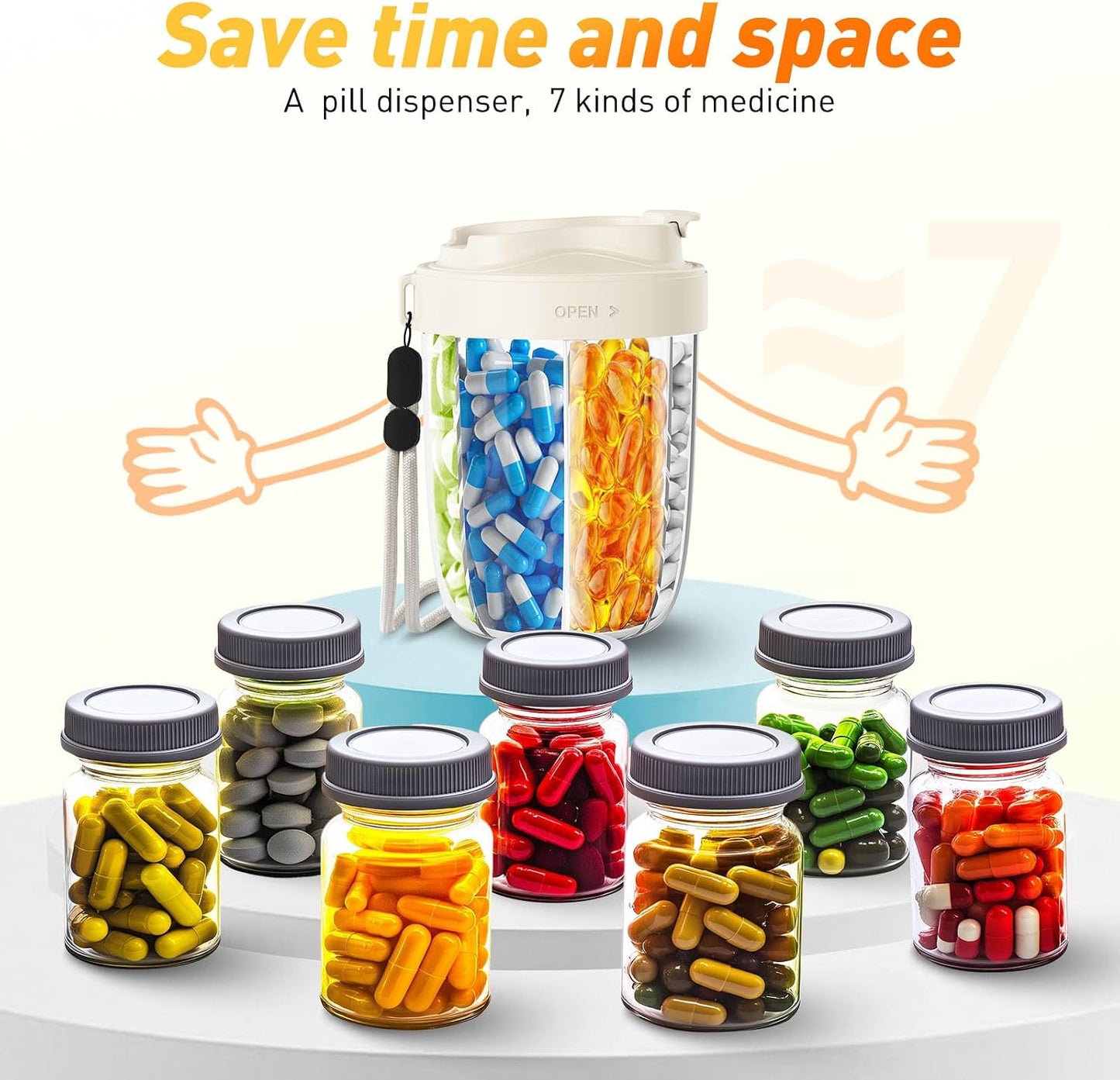 Pill Dispenser with 7 Large Compartments - Portable Pill Organizer for Travel, Anti-Mix Design & Wide Opening Design, Easy Access to Vitamin Dispenser, Includes 20 Blank Stickers (White) WN420
