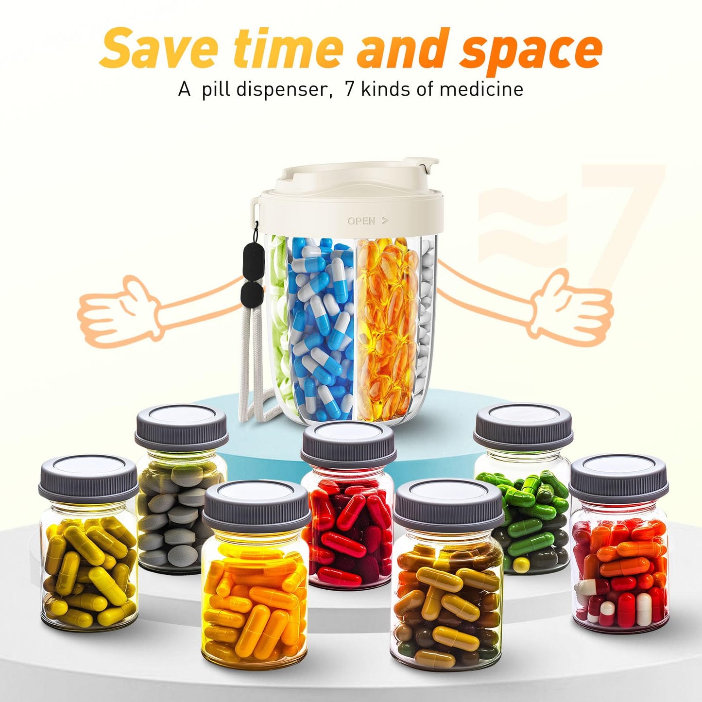 Pill Dispenser with 7 Large Compartments - Portable Pill Organizer for Travel, Anti-Mix Design & Wide Opening Design, Easy Access to Vitamin Dispenser, Includes 20 Blank Stickers (White) WN420