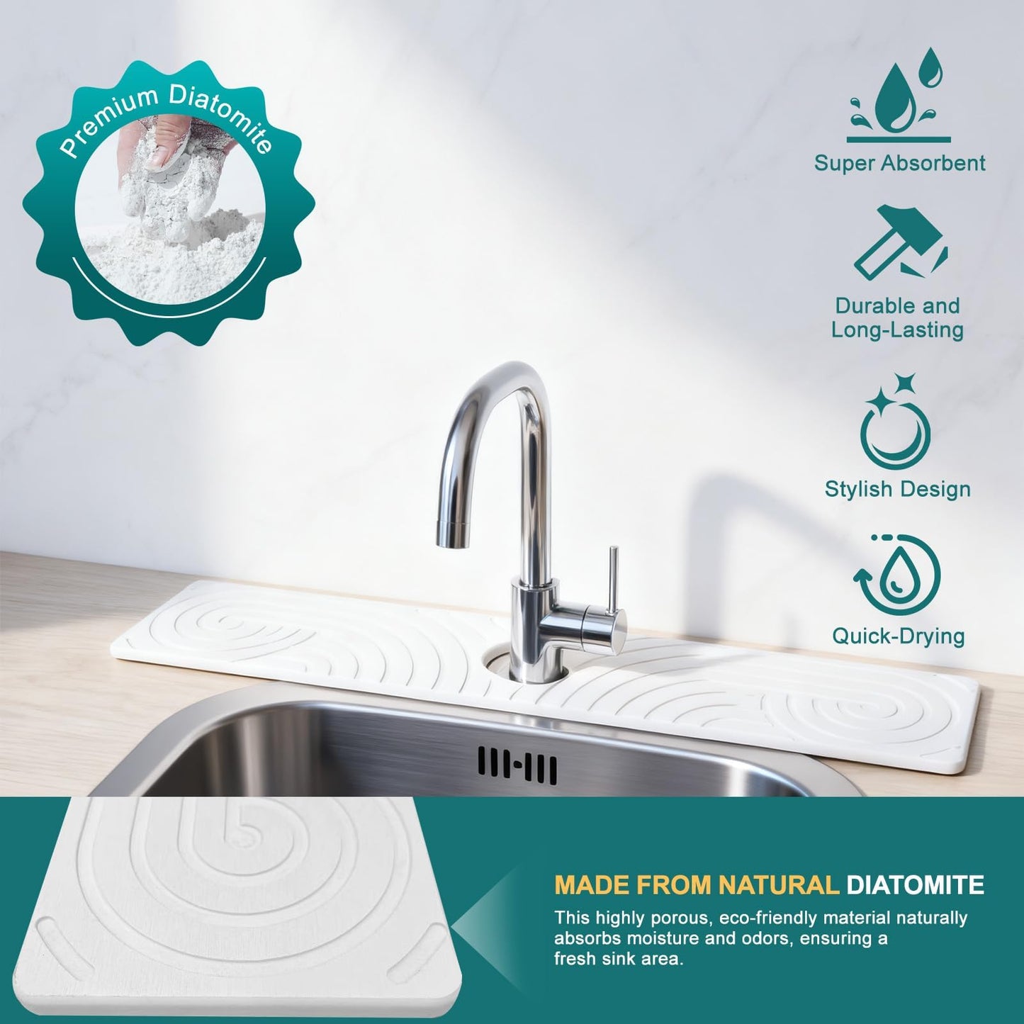 Hopegiver Stone Faucet Mat for Kitchen Sink - Fast Drying Diatomite Sink Protector Prevent Moisture, Super Water Absorbing Stone Tray for Kitchen & Bathroom Counter (White, 15.7"x3.9") BST326H