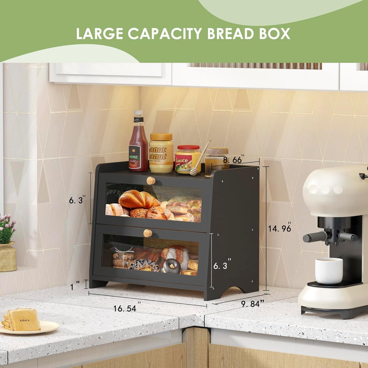 JANSNIMEN Double Layer Bread Box for Kitchen Countertop, Large Breadbox Bread N25