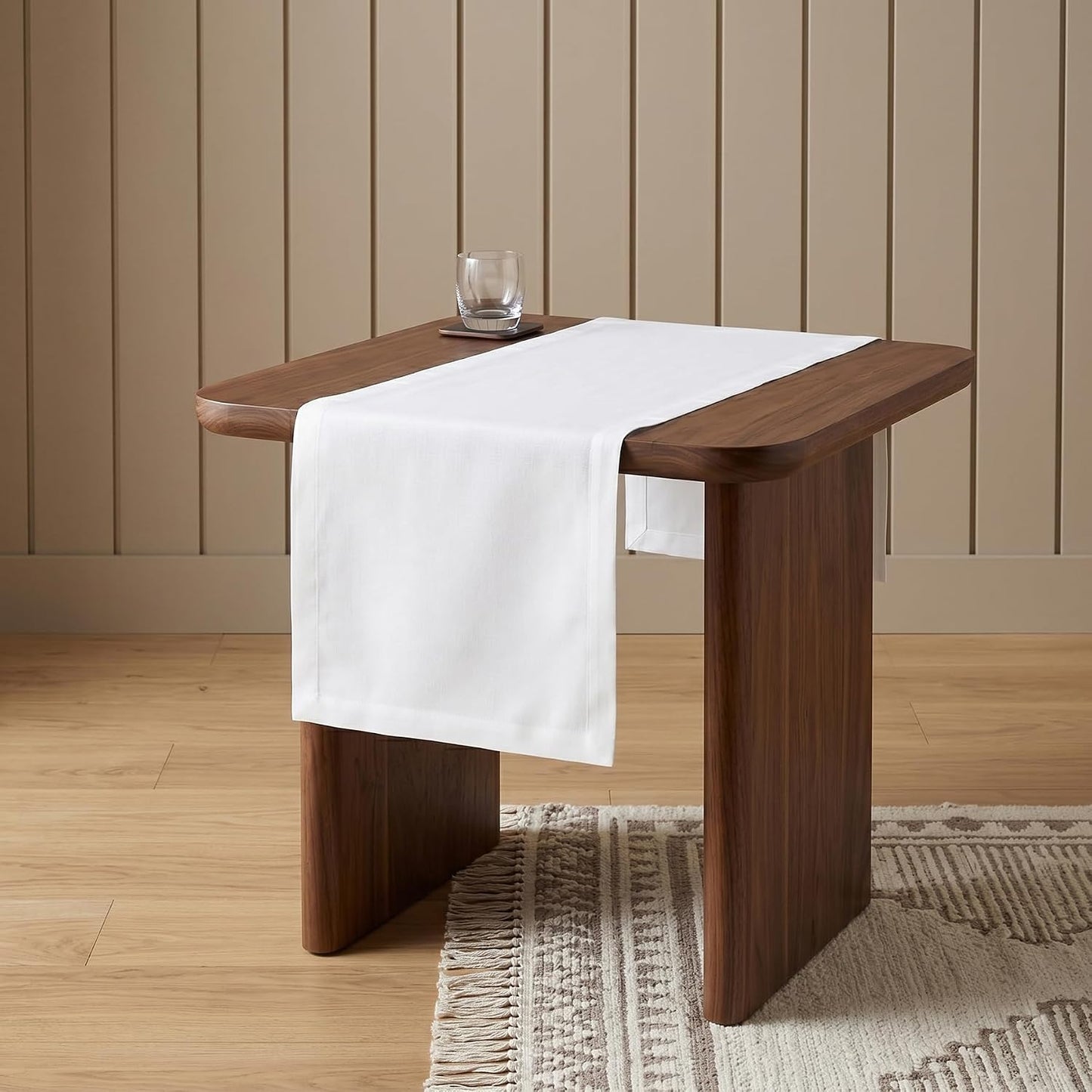 Solino Home 100% Linen Dining Table Runner White Woven, Fete 14 x 36 in | Table Runners for dining, console and side tables | neatly mitered corners, artisan crafted | Pure Linen | OEKO-TEX Certified BST326SOLH