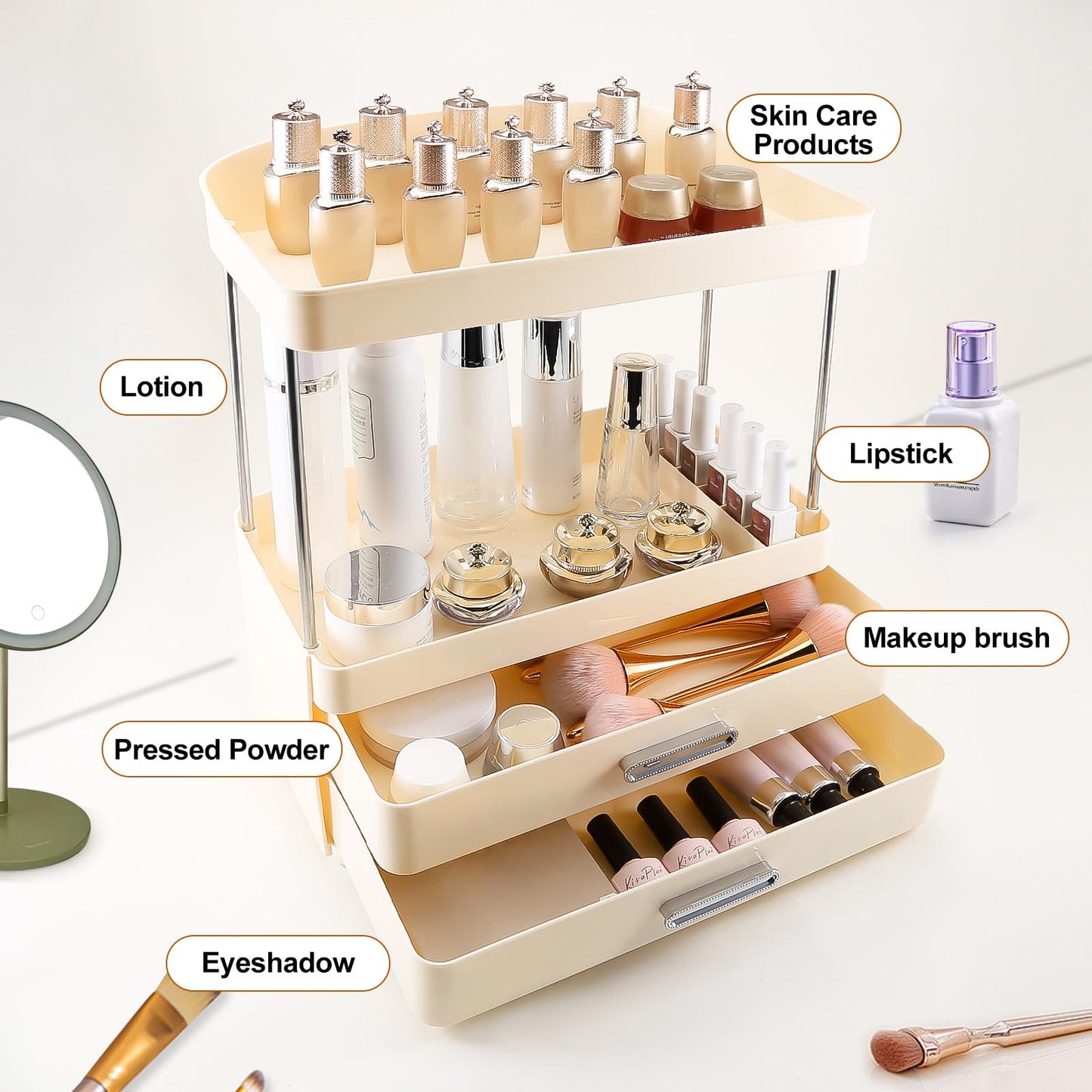DASITON 4 Tiers Makeup Organizer, 2 Drawers Large Cosmetic Organizers for Vanity Bathroom Countertop, Bathroom Organizers and Storage for Skincare, Cosmetic, Perfume, Dresser Organizer (Cream+Clear) BST220