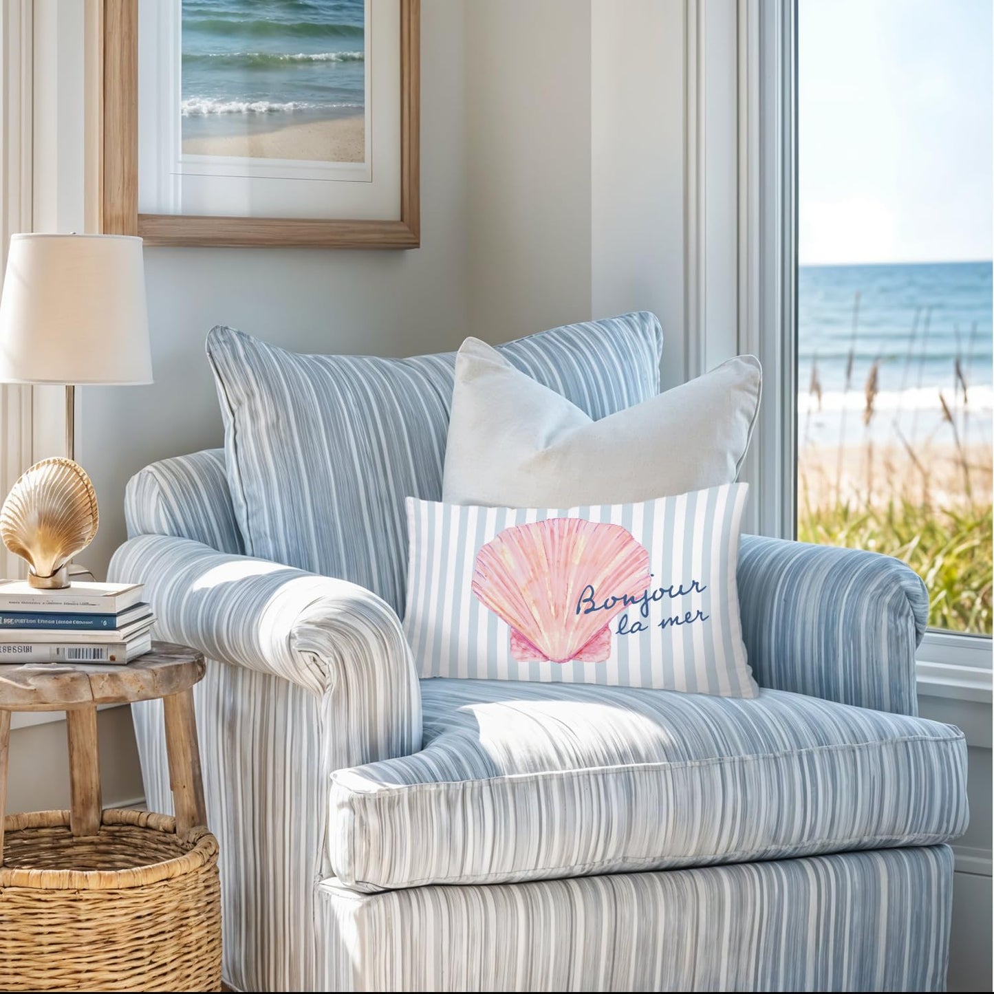 Coastal Beach Girly Room Decor 12x20 Pillow Cover, Preppy Beach Navy Blue Bikini Striped Decorative Lumbar Pillow Covers for Girls Bedroom College Dorm Sofa Couch BST326L