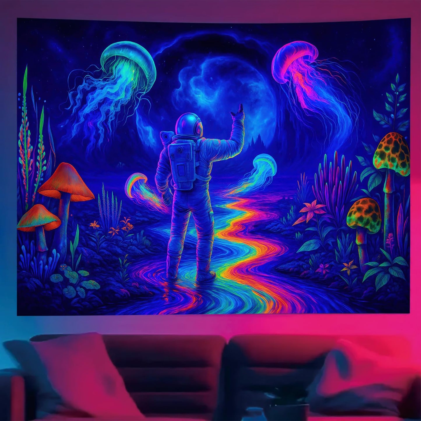 Starlit Patio Astronaut Blacklight Tapestry Trippy Forest Moon Vortex UV Reactive Galaxy Wall Hanging Psychedelic Space Poster Fluorescent Sci Fi Room Decor for Bedroom Dorm Gaming Lounge 78 x 59 Inch BST220