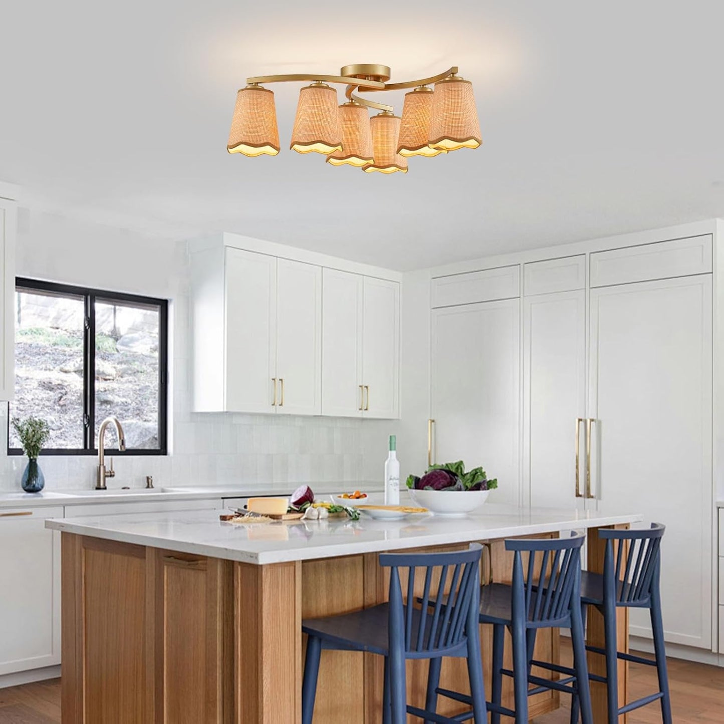 XINGQI 22.8" Boho Rattan Chandelier 6 Lights Rustic Farmhouse Semi Flush Mount Ceiling LightIing Fixture Woven Fabric with Gold Meatl Lampbody for Kitchen Island Bedroom Dining Room WN420
