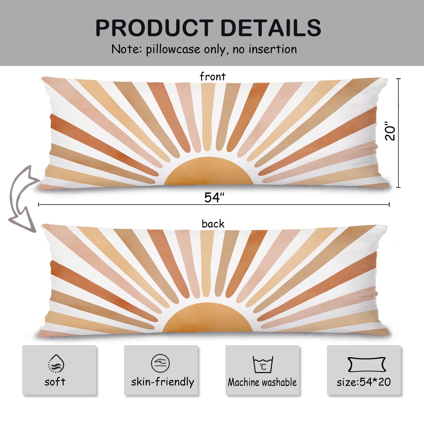Boho Sun Sunshine 21x54 Body Pillow Cover Case, Modern Neutral Boho Horizontal Sun Sunset Sunrise Decorative Long Hug Pillow Cases for Bed Couch BST220