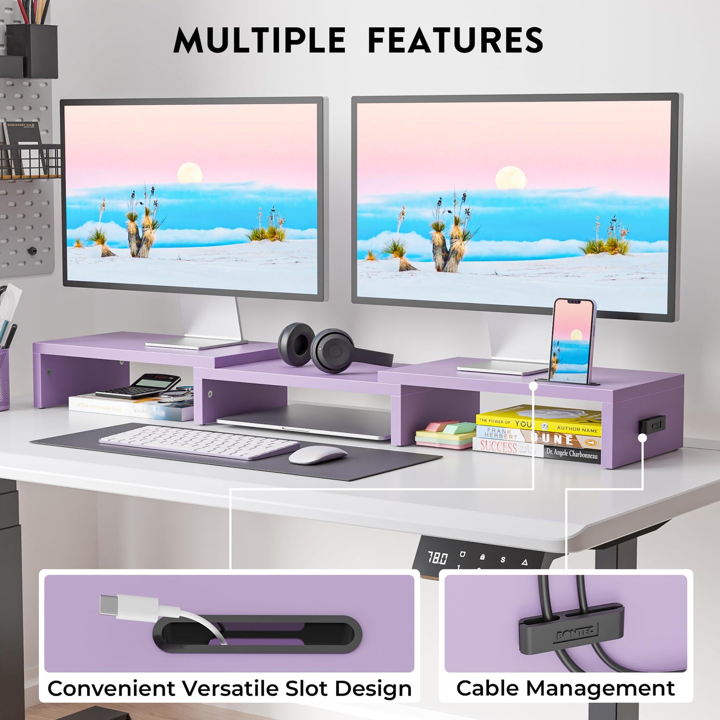 BONTEC Dual Monitor Stand Riser, Adjustable Length & Swivel Angle, Pink | Ergonomic Wooden Desktop Organizer with Smartphone Holder, Computer Monitor Stand for PC, Laptop, Printer and Large Storage BST202