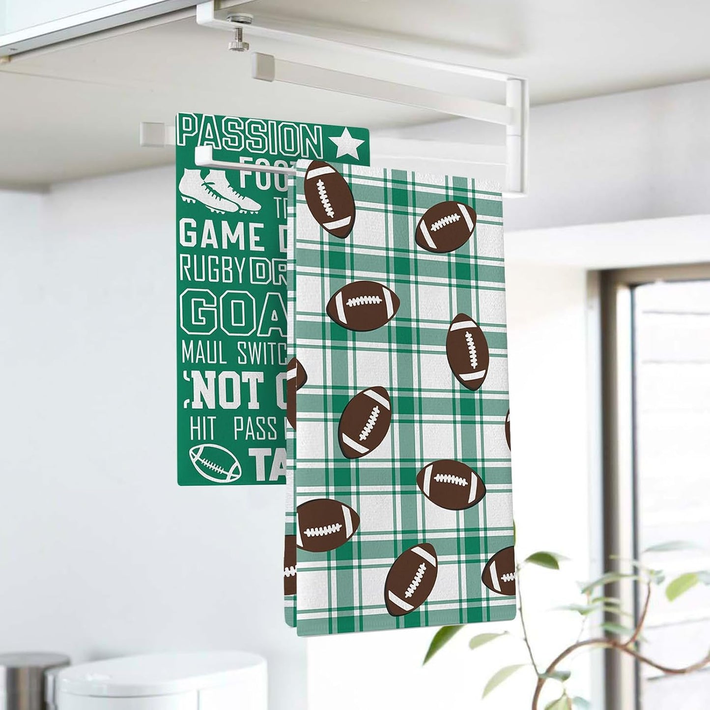 Football Season Kitchen Dish Towels Set of 2, Rugby Sport Game Day | Green Buffalo Plaid Drying Hand Towel Baking Cooking Cloth, Farmhouse Bathroom Home Decor Football Player Gifts 18'' x 26'' BST202