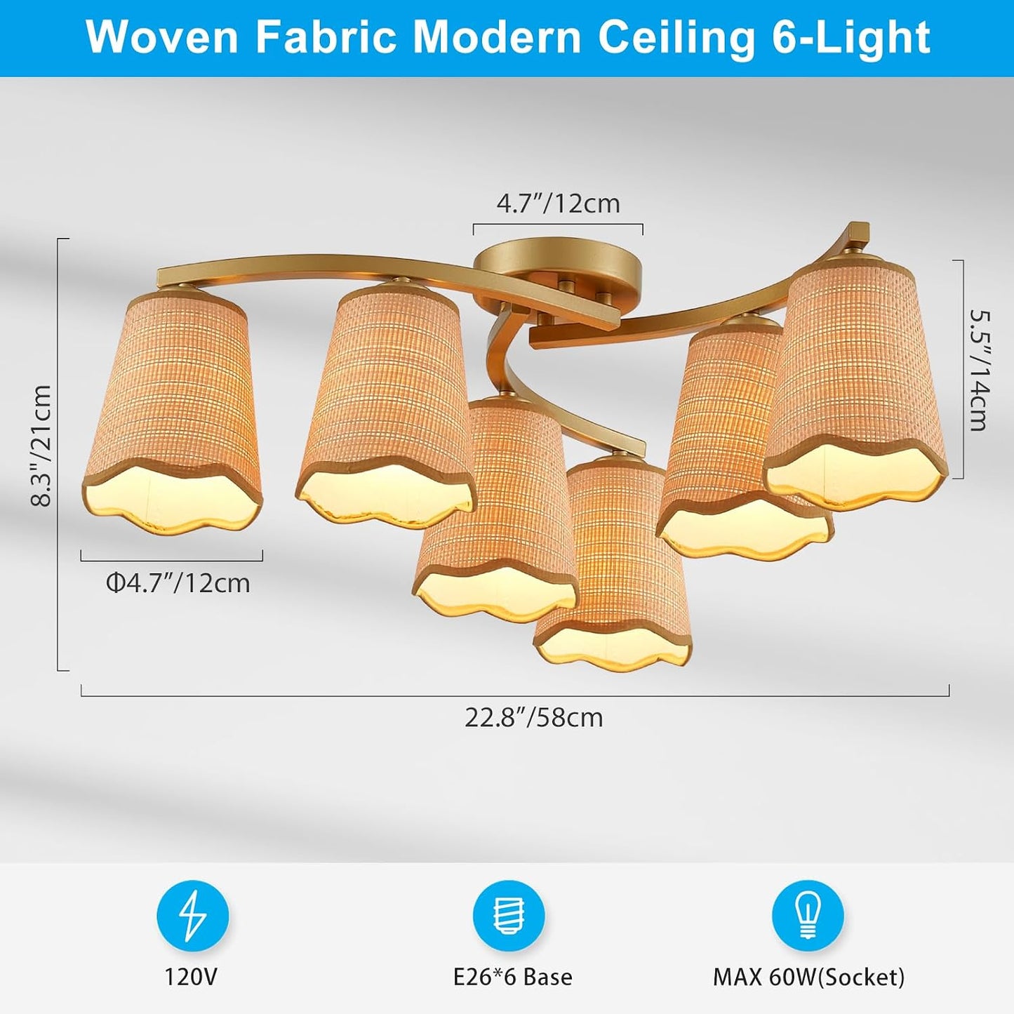 XINGQI 22.8" Boho Rattan Chandelier 6 Lights Rustic Farmhouse Semi Flush Mount Ceiling LightIing Fixture Woven Fabric with Gold Meatl Lampbody for Kitchen Island Bedroom Dining Room WN420