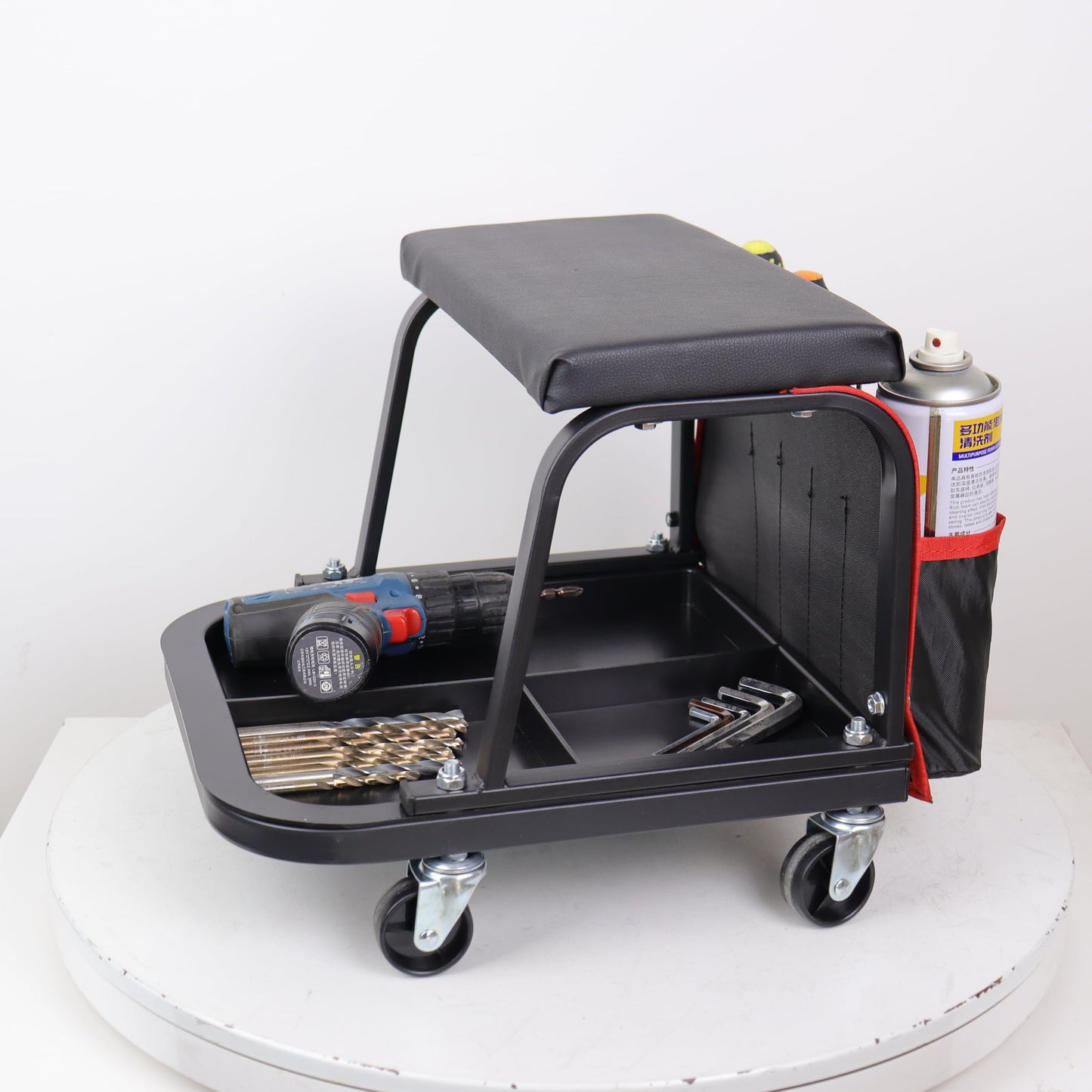 Rolling Mechanic Garage Stool on Wheels with Padded Cushion, Tool Tray Storage and Side Pockets, 300 LBS Capacity, Red BST220