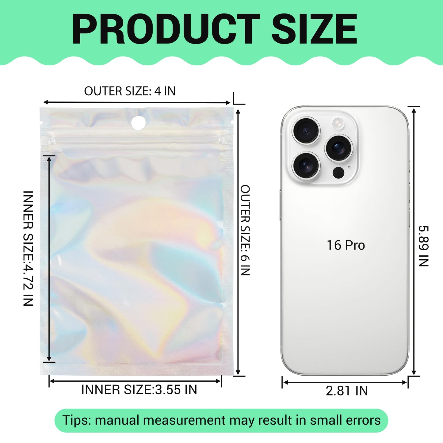 Holographic Mylar bags -100Pcs Self-Seal Resealable Zip Baggies with Clear Window, Smell Proof Laser Iridescent White 3x4.7 inch for Small Business Samples, Party favors,Snacks,Jewelry BST326L