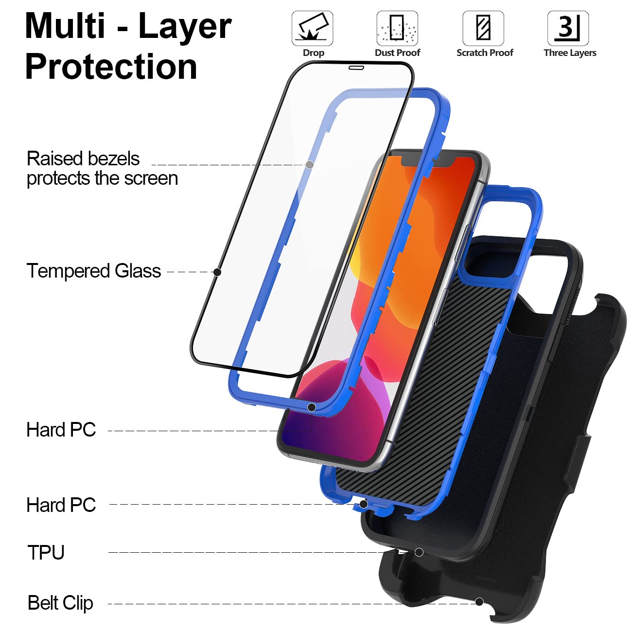 for iPhone 11 Case with Belt Clip Holster Kickstand & 2 Screen Protector, Full Protection Heavy Duty Phone Case, Shockproof Drop-Proof Durable Cover 6.1" [Black+Clip] WN420