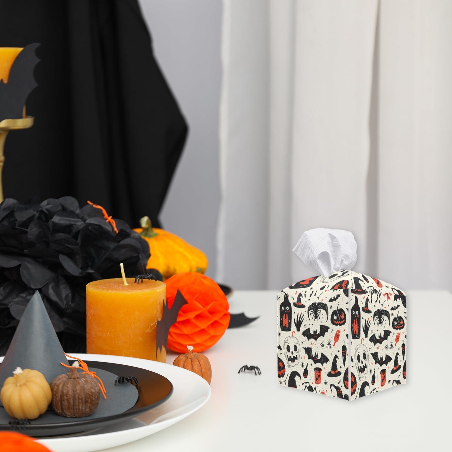 Spooky Tissue Box Cover Square - Ghosts & Bats Tissue Box Holder - Halloween Pumpkin Facial Paper Organizer Dispenser for Home Car Bathroom Office Bedroom Desk Tabletop Supplies & Decor - A11 BST220