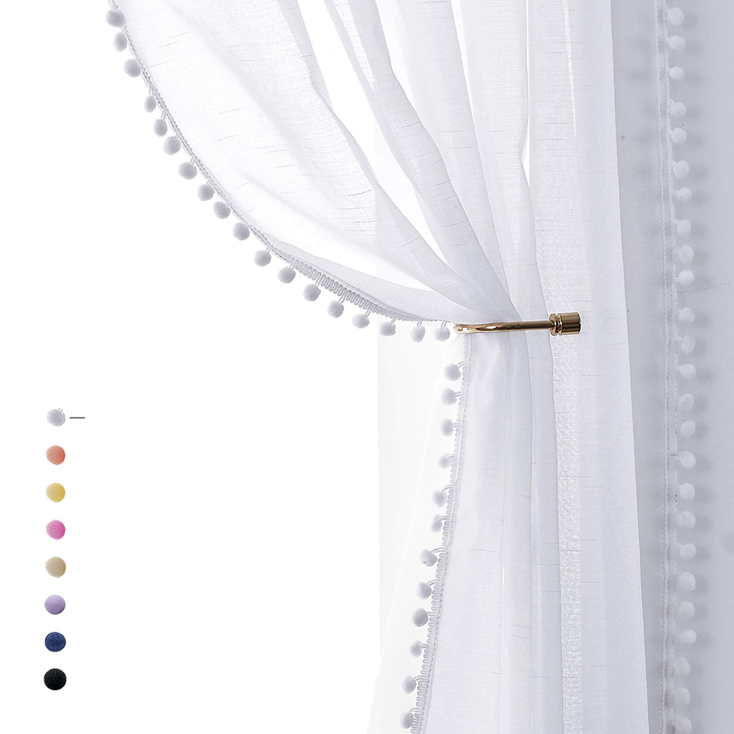 Treatmentex Pom-Pom Grey Sheer Curtains for Bedroom 63" Window Drapes Rod Pocket Textured Sheer Curtain for Kids Room 52" w 2 Panels BST202