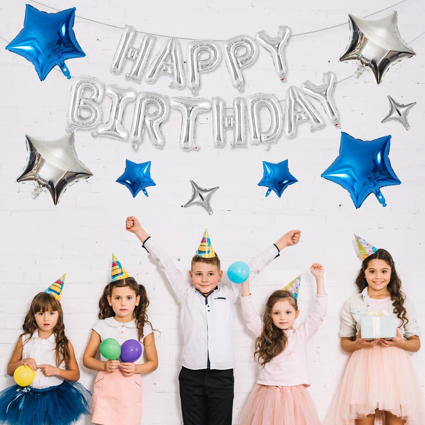 Happy Birthday Balloons Banner, Rainbow Happy Birthday Foil Balloons 16 Inch Foil Letter Balloon with 8 Pcs Gradient Blue Pink Star Balloon for Women Men Boys Girls Birthday Party Decoration WN420
