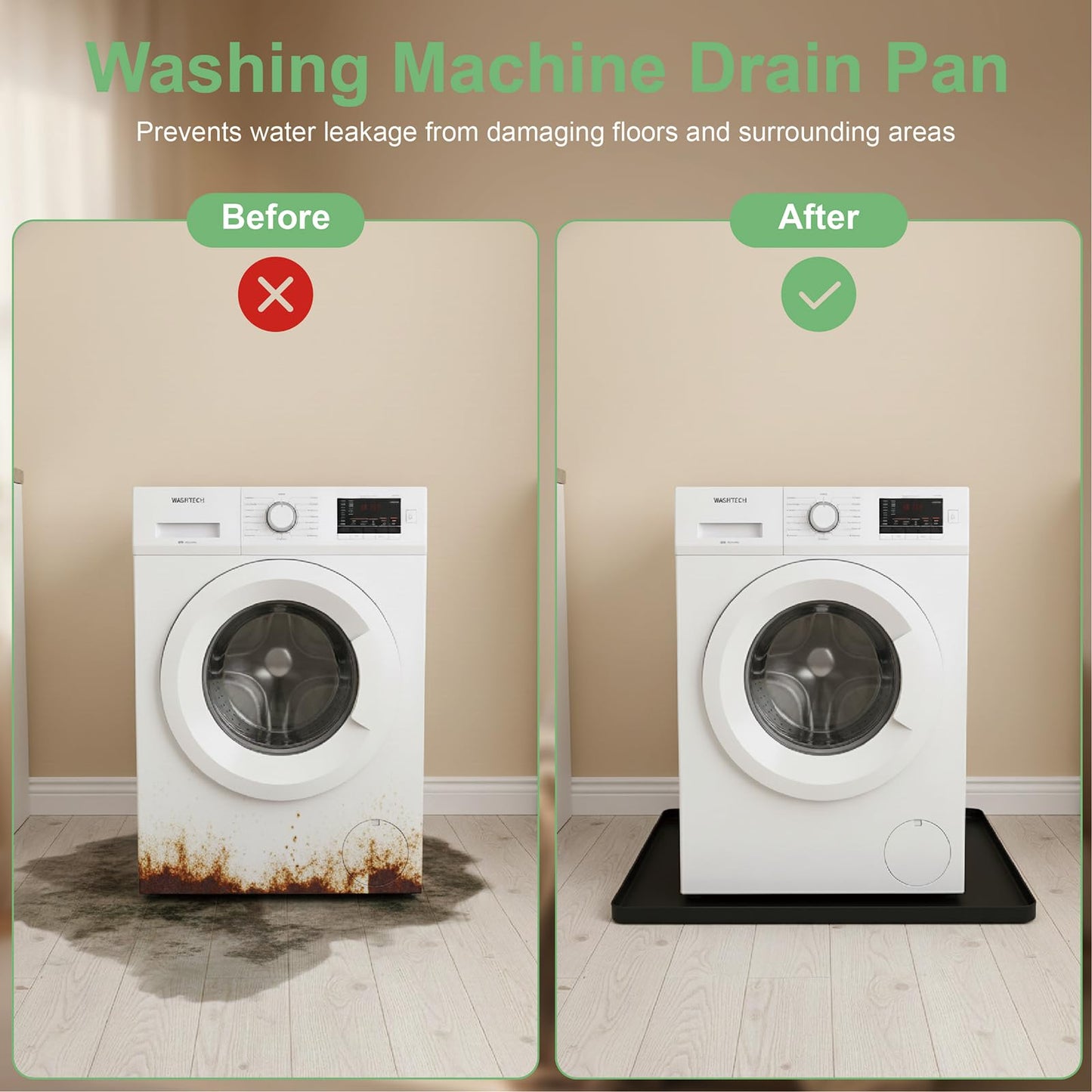 27 x 27 Inch Washing Machine Drain Pan, Silicone Washer Pan, Grey | 2cm Raised Waterproof Edge, Washer and Dryer Mat for Floor Protection, Fits Compact Washers Up to 3.5 Cu.Ft. BST220