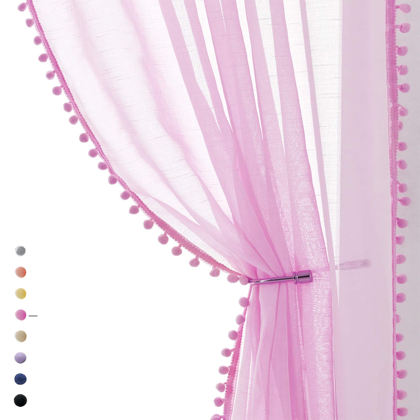 Treatmentex Pom-Pom Grey Sheer Curtains for Bedroom 63" Window Drapes Rod Pocket Textured Sheer Curtain for Kids Room 52" w 2 Panels BST202