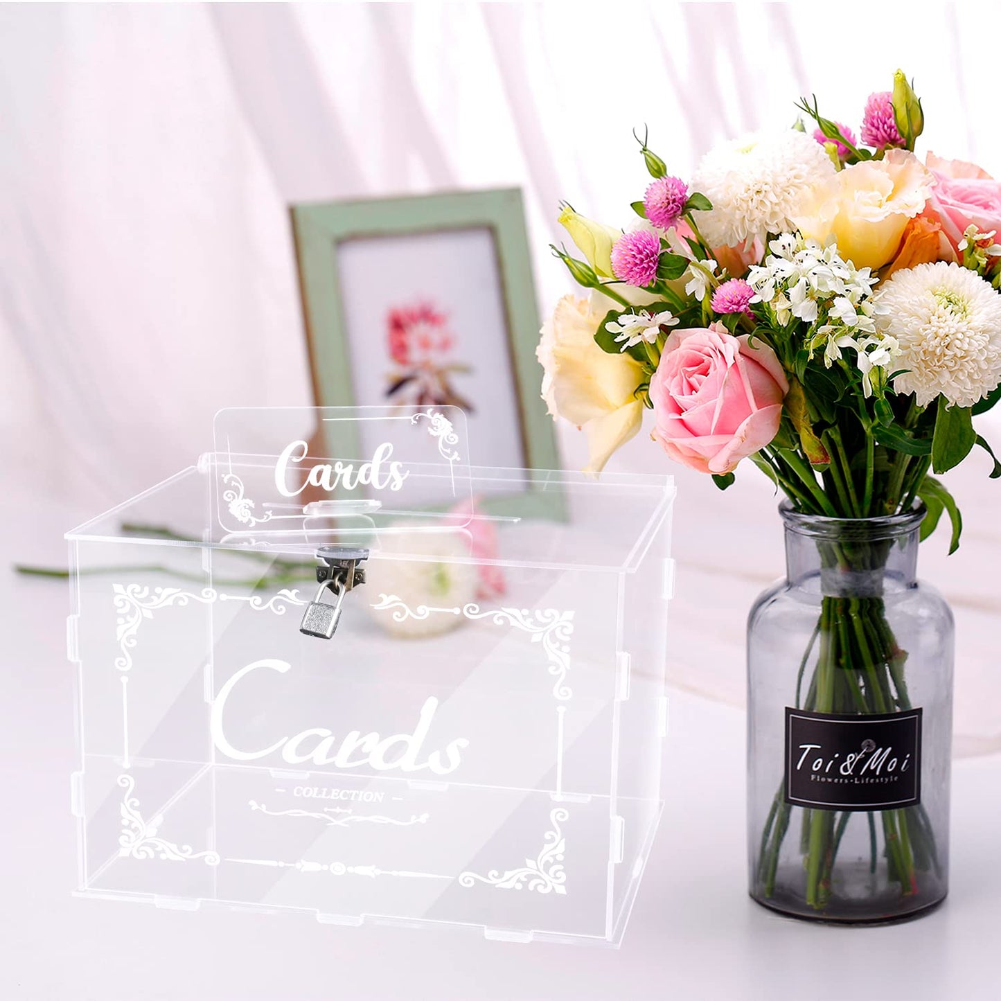 Fowecelt Acrylic Wedding Card Box with Lock Black Card Box DIY Large Rustic Card Box for Wedding Reception Bridal Shower Birthday Baby Shower Party Graduation Decorations (10x10x10 Inch) BST326H