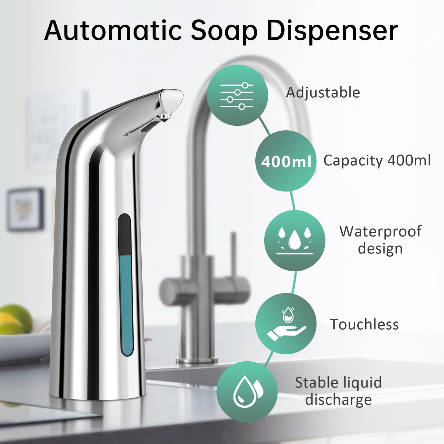 Automatic Soap Dispenser Touchless,400ML Hand & Dish Countertop Electric Liquid Dispenser with Sensor,Modern 4 Gear Adjustable Black Waterproof Battery Operated Kitchen Auto Soap Pump WN420