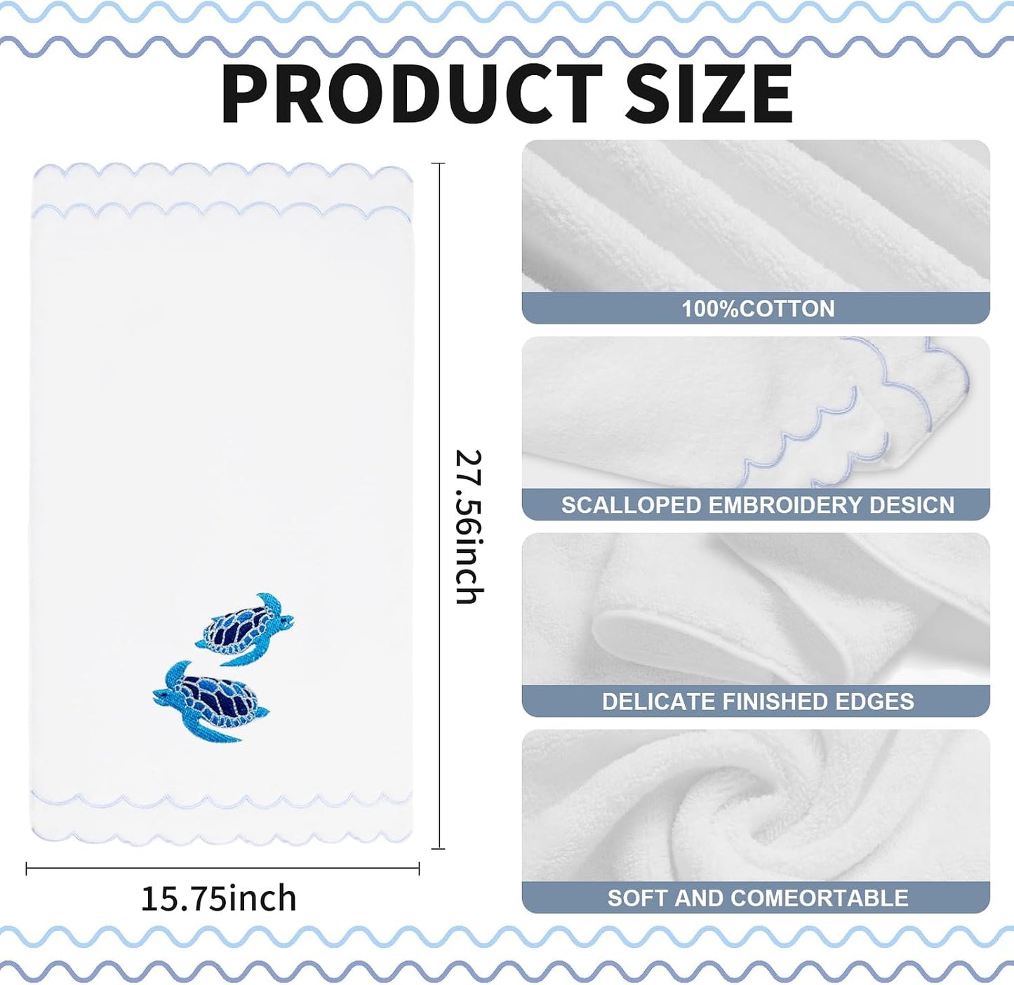 2 Pcs 100% Cotton Summer Hand Towels for Bathroom Scalloped Hand Towels 16 * 27 Inch Embroidered Decorative 600 GSM Soft Absorbent Bath Towel for Spa Yoga Hotel Sport (Blue) BST326H