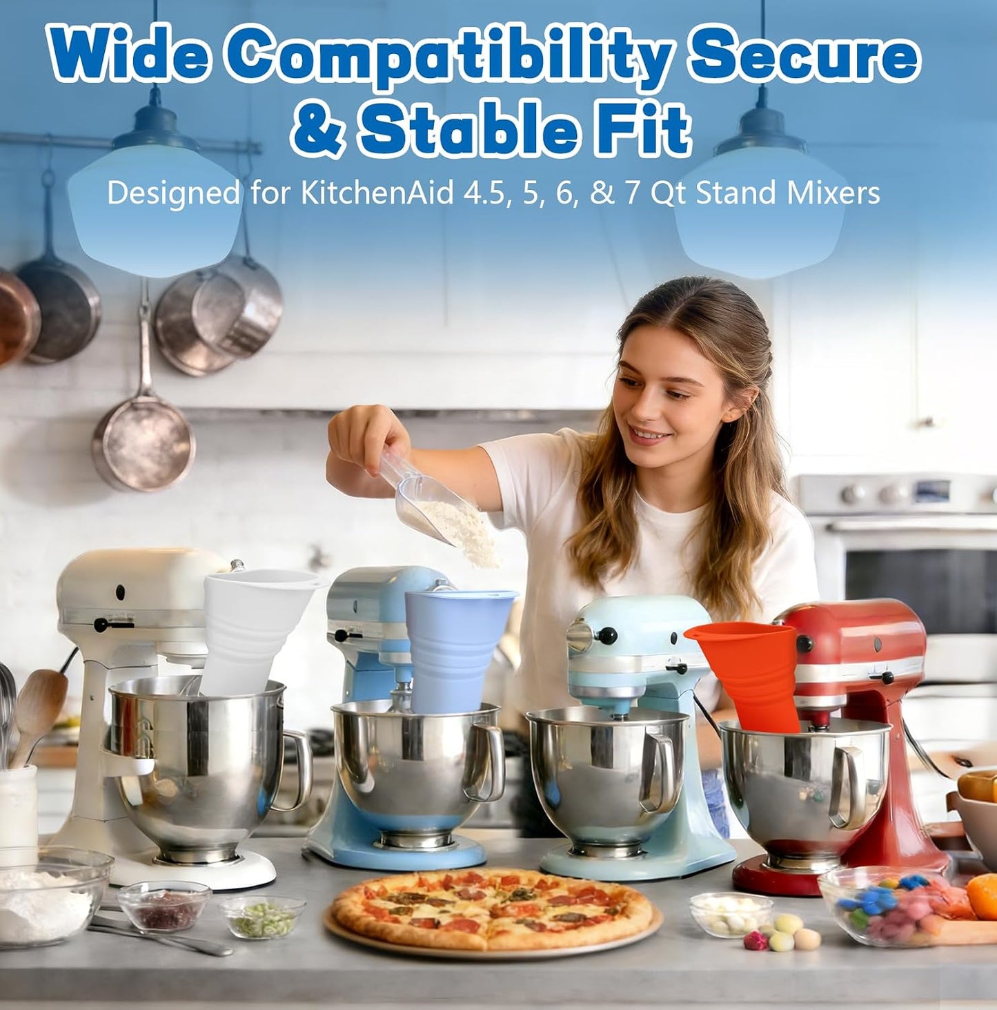 No-Mess Flour Funnel for Kitchen Aid Mixer Set, Extended Mouth Foldable Flour Funnel for Kitchenaid Stand Mixer Attachments for 4.5-7 Quart KSM150, Dishwasher Safe Pouring Chute BST326H