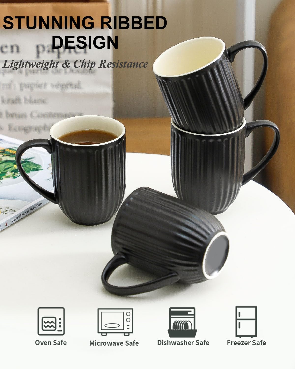 HASENSE Textured Large Coffee Mugs Set of 4, 16 Oz Ribbed Ceramic Cups with Large Handle for Latte Tea Cappuccino, Stackable Embossed Mug Set for Mom Dad, Microwave Dishwasher Safe, Creamy White BST220